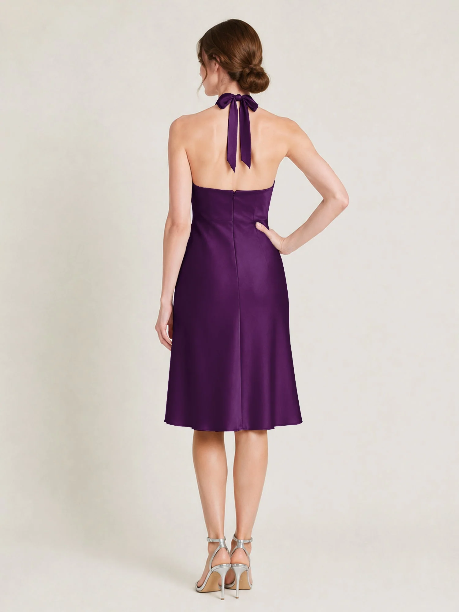 Knielanges Satin A-Linien Kleid mit Offenem Rücken Traube - Image 2
