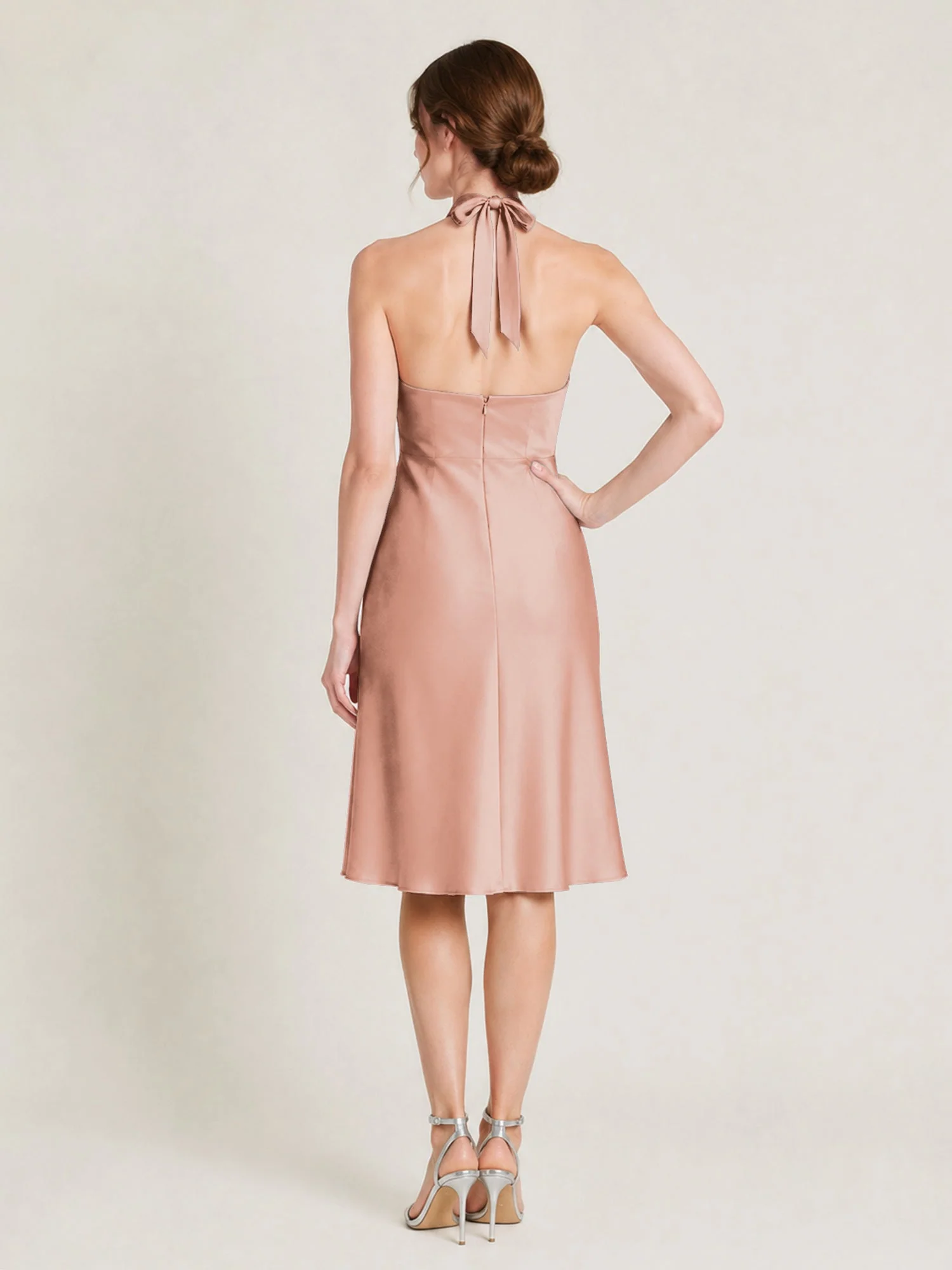 Knielanges Satin A-Linien Kleid mit Offenem Rücken Zartrosa - Image 2