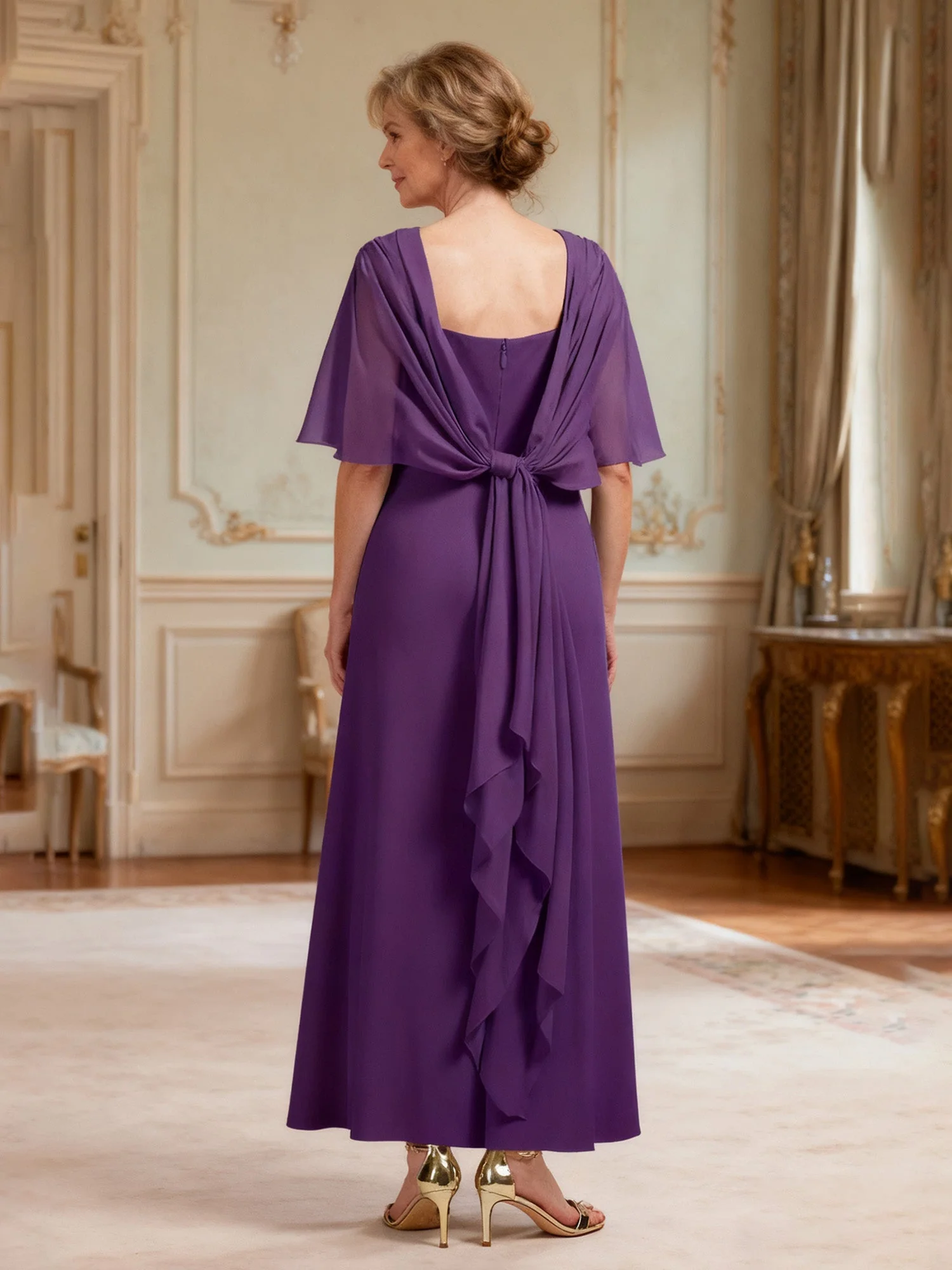 Bateau Ausschnitt Formell Kleid mit Drapiert Dramatisch Rücken Braun - Image 2