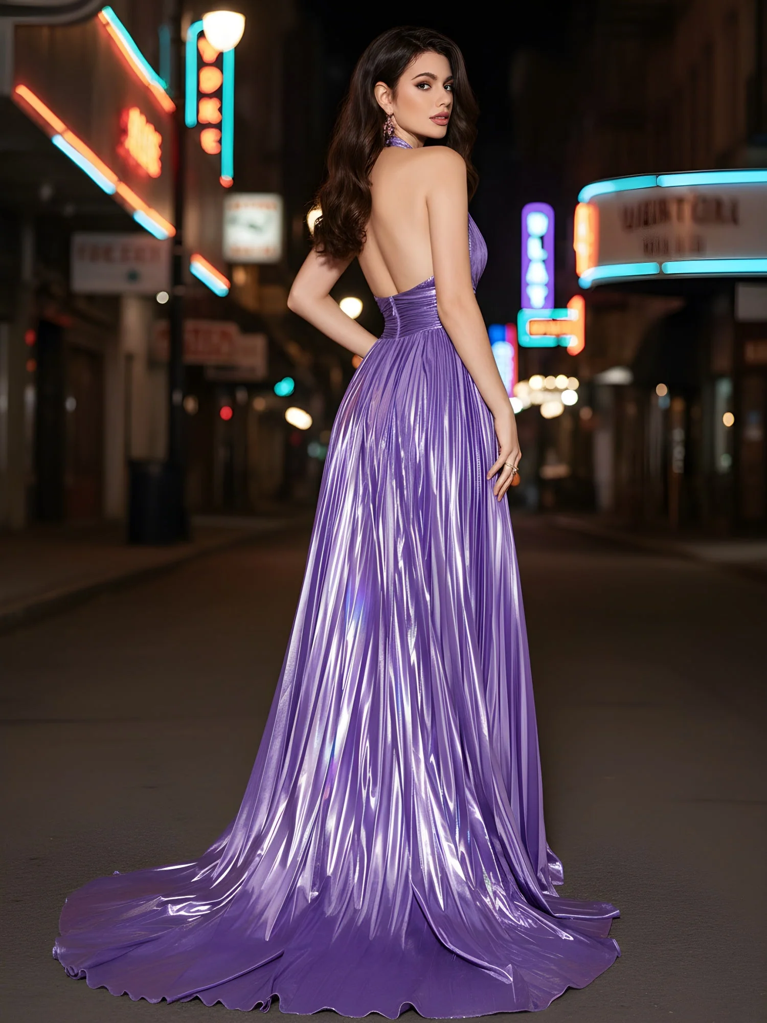 Tief Halter Ausschnitt Kleid mit Metall Plissee Rock Regentschaft - Image 2