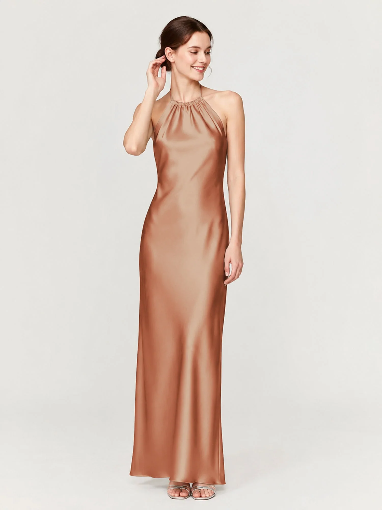 Satin Abendkleid Mit Gerafftem Neckholder Und Schrägem Rock Bronzer
