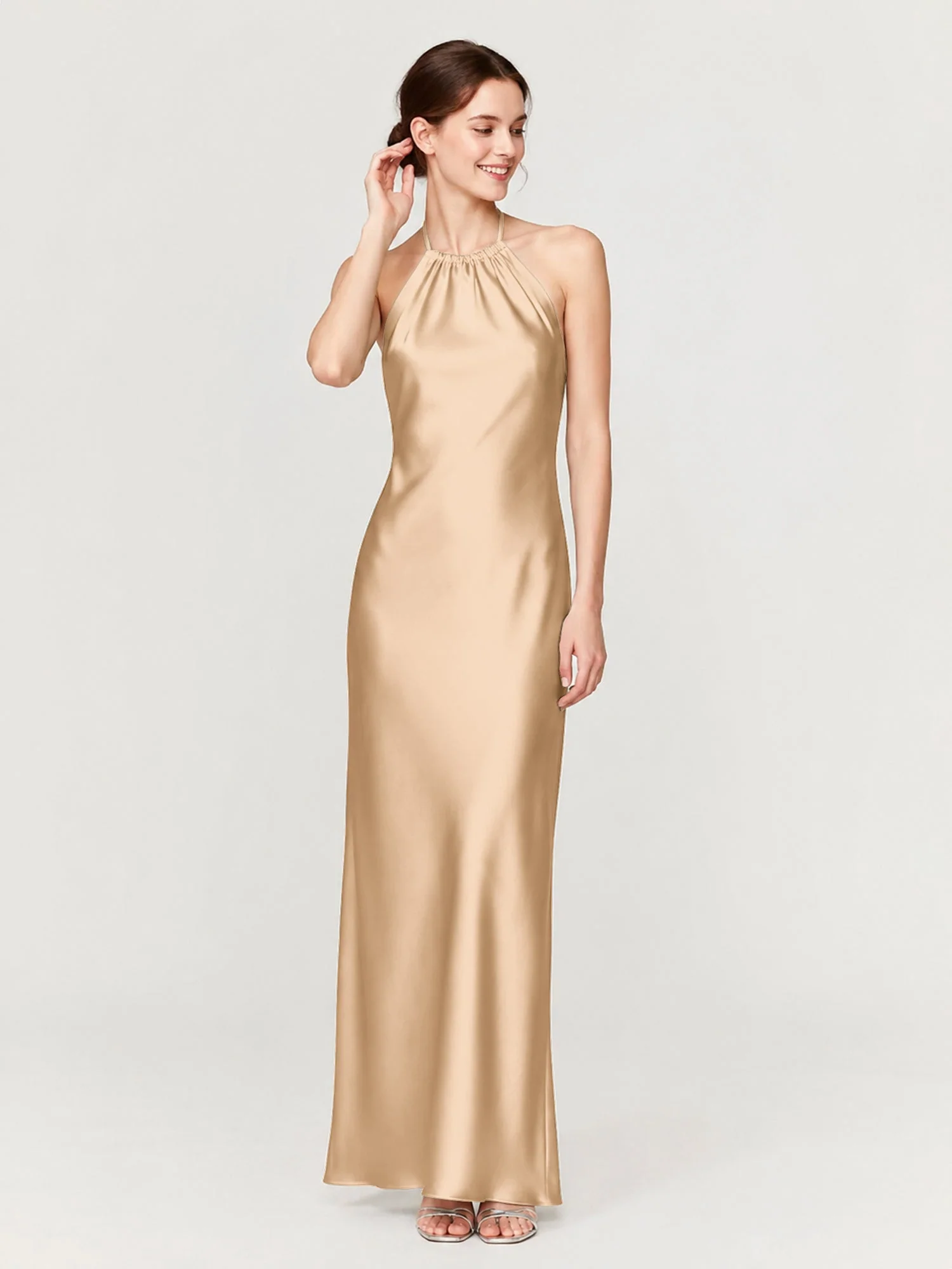 Satin Abendkleid Mit Gerafftem Neckholder Und Schrägem Rock Champagner