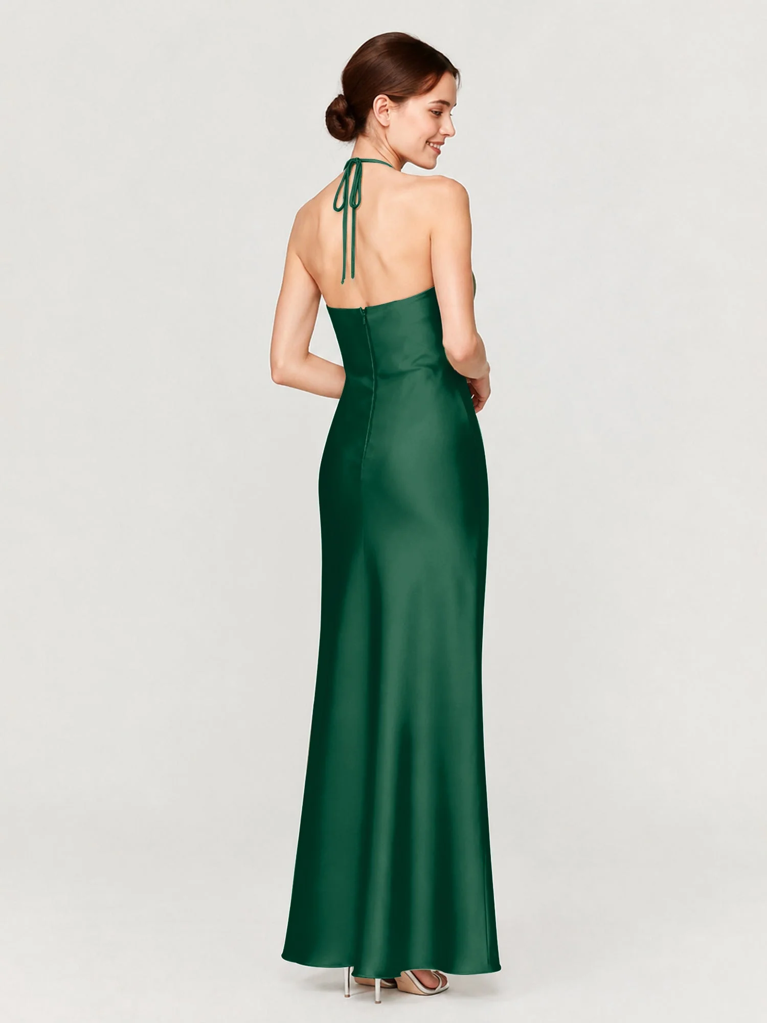 Satin Abendkleid Mit Gerafftem Neckholder Und Schrägem Rock Dunkelgrün - Image 2