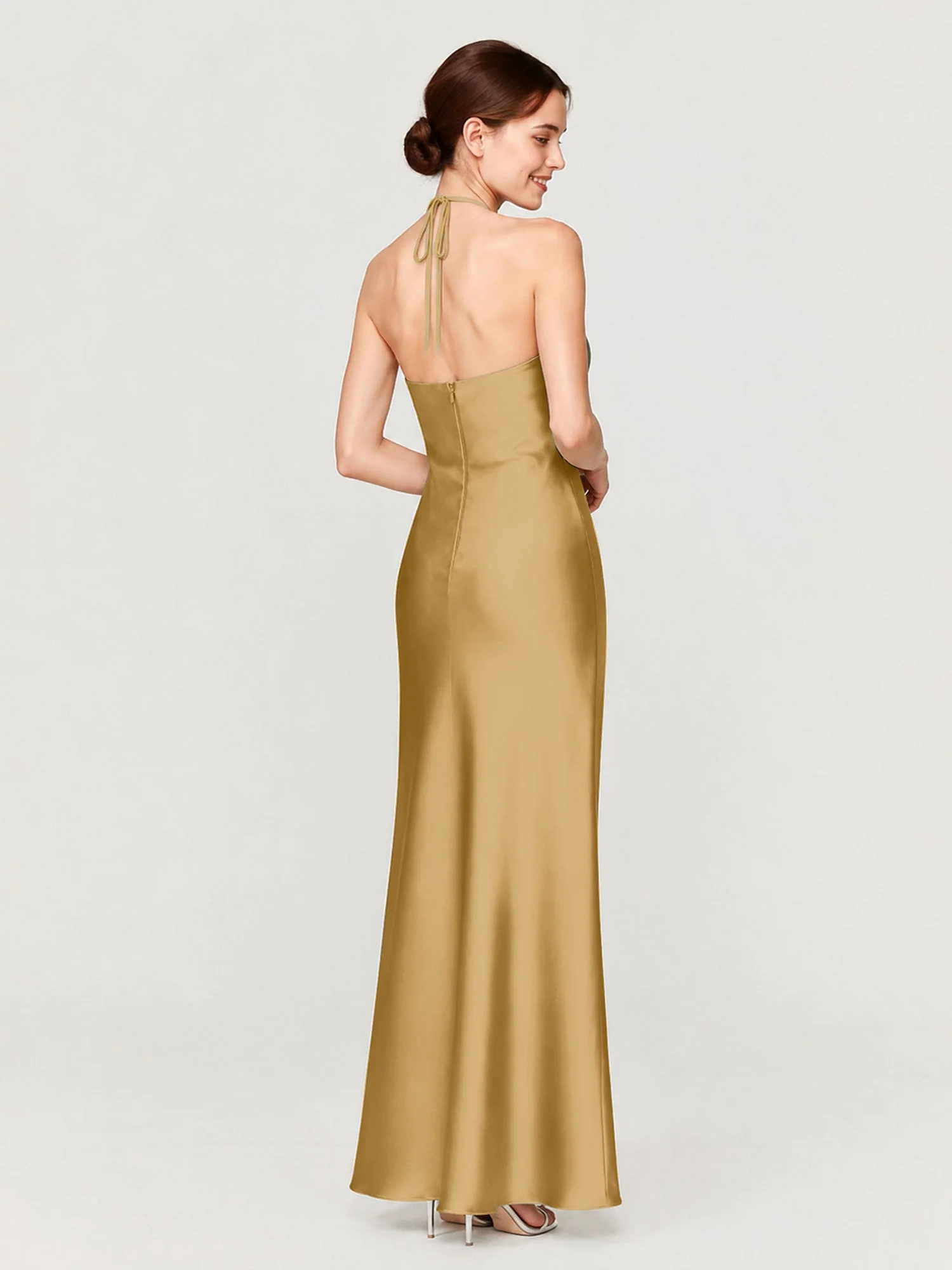 Satin Abendkleid Mit Gerafftem Neckholder Und Schrägem Rock Gold - Image 2