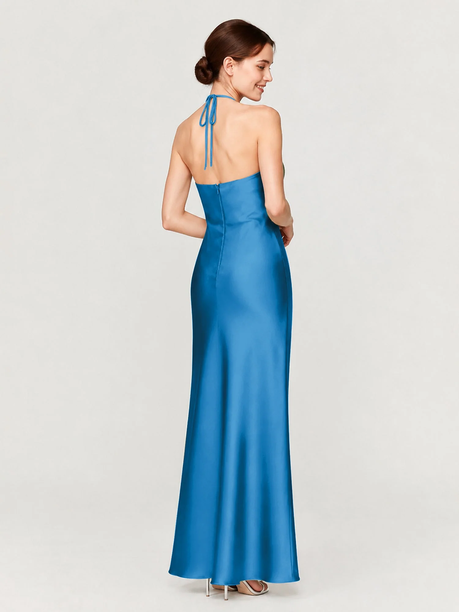 Satin Abendkleid Mit Gerafftem Neckholder Und Schrägem Rock Meerblau - Image 2