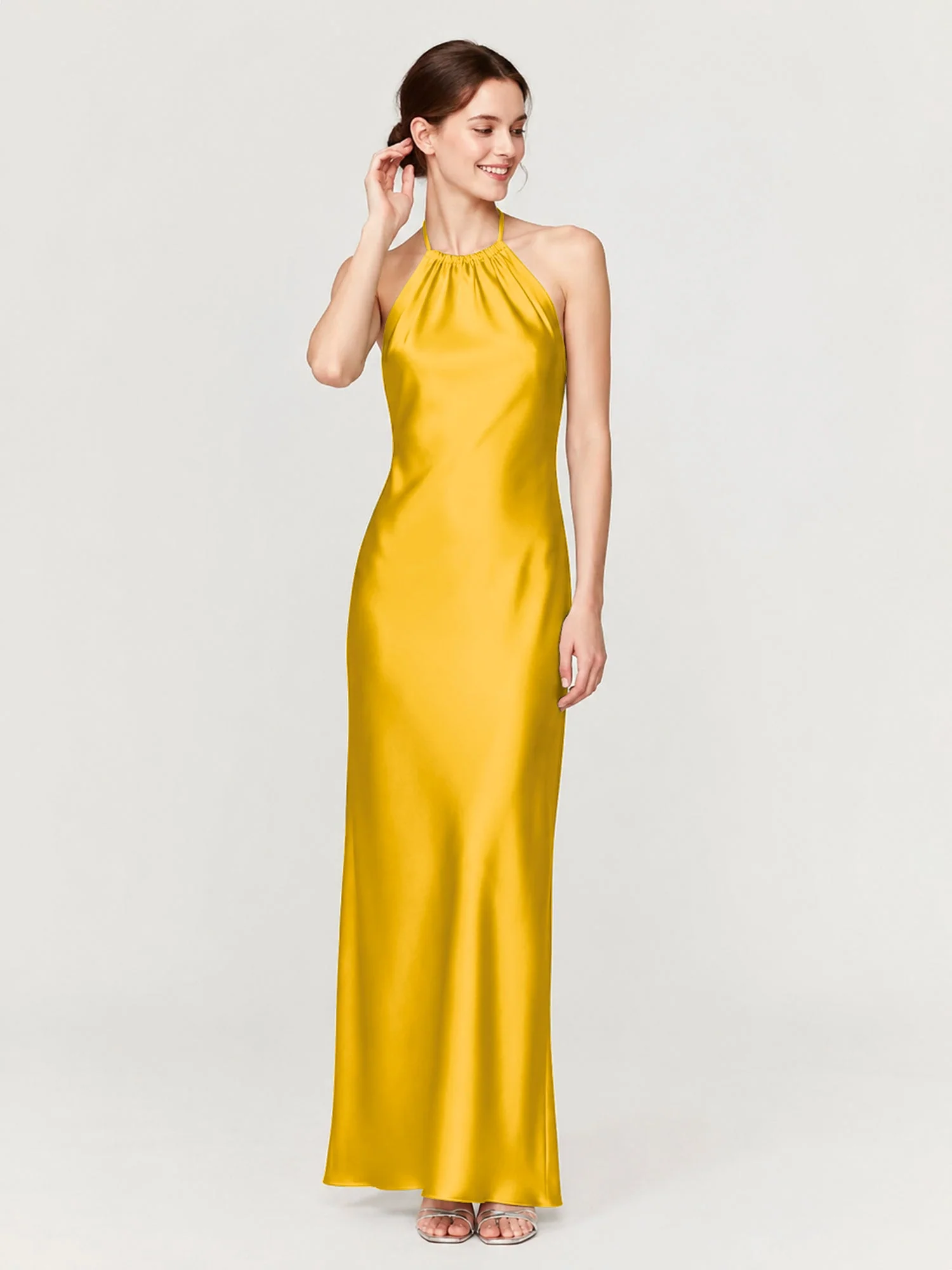 Satin Abendkleid Mit Gerafftem Neckholder Und Schrägem Rock Ringelblume