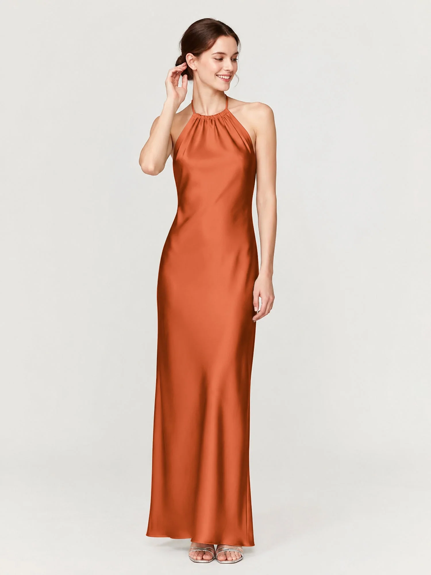Satin Abendkleid Mit Gerafftem Neckholder Und Schrägem Rock Rost