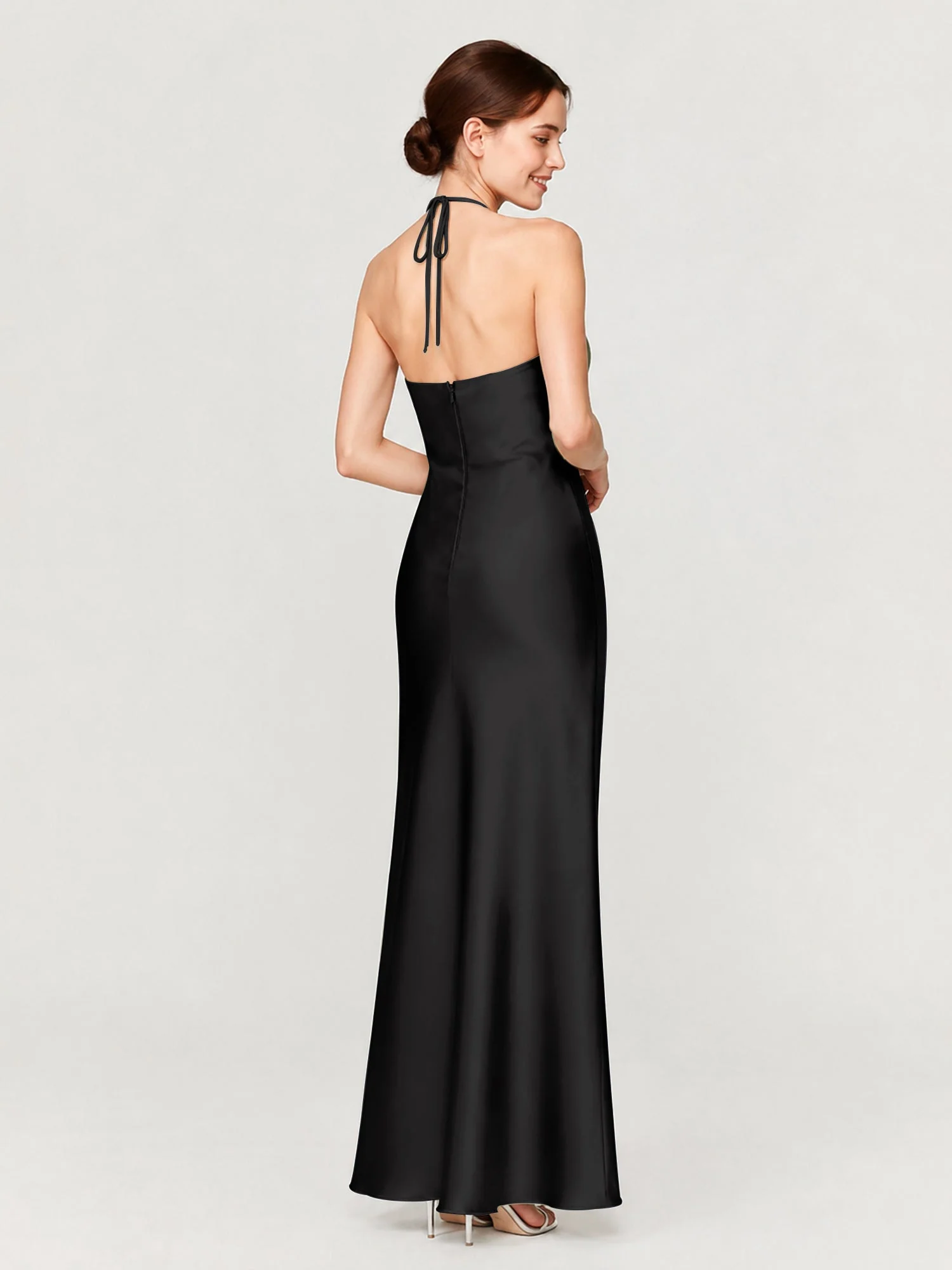 Satin Abendkleid Mit Gerafftem Neckholder Und Schrägem Rock Schwarz - Image 2