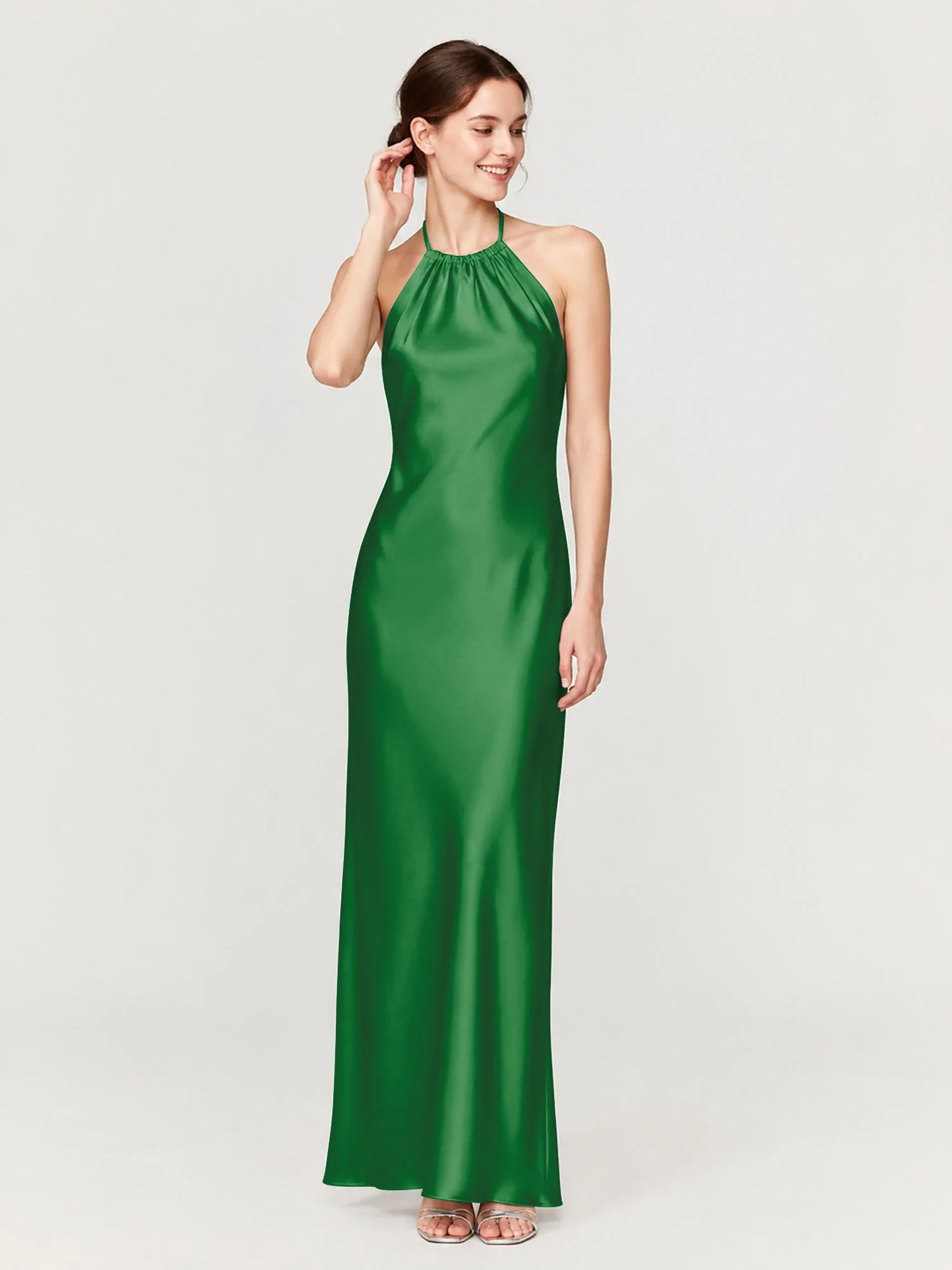 Satin Abendkleid Mit Gerafftem Neckholder Und Schrägem Rock Smaragd