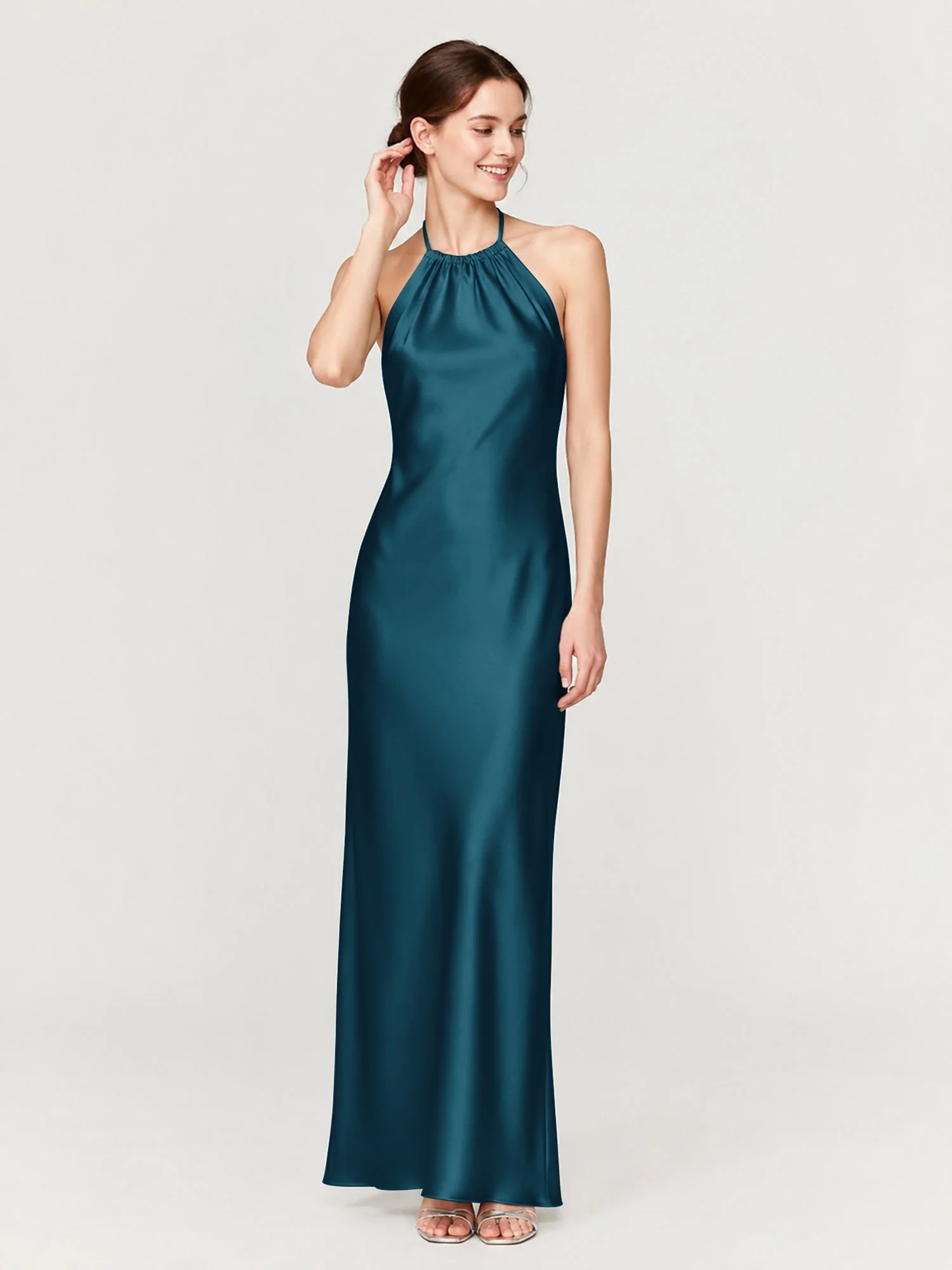 Satin Abendkleid Mit Gerafftem Neckholder Und Schrägem Rock Tinte Blau