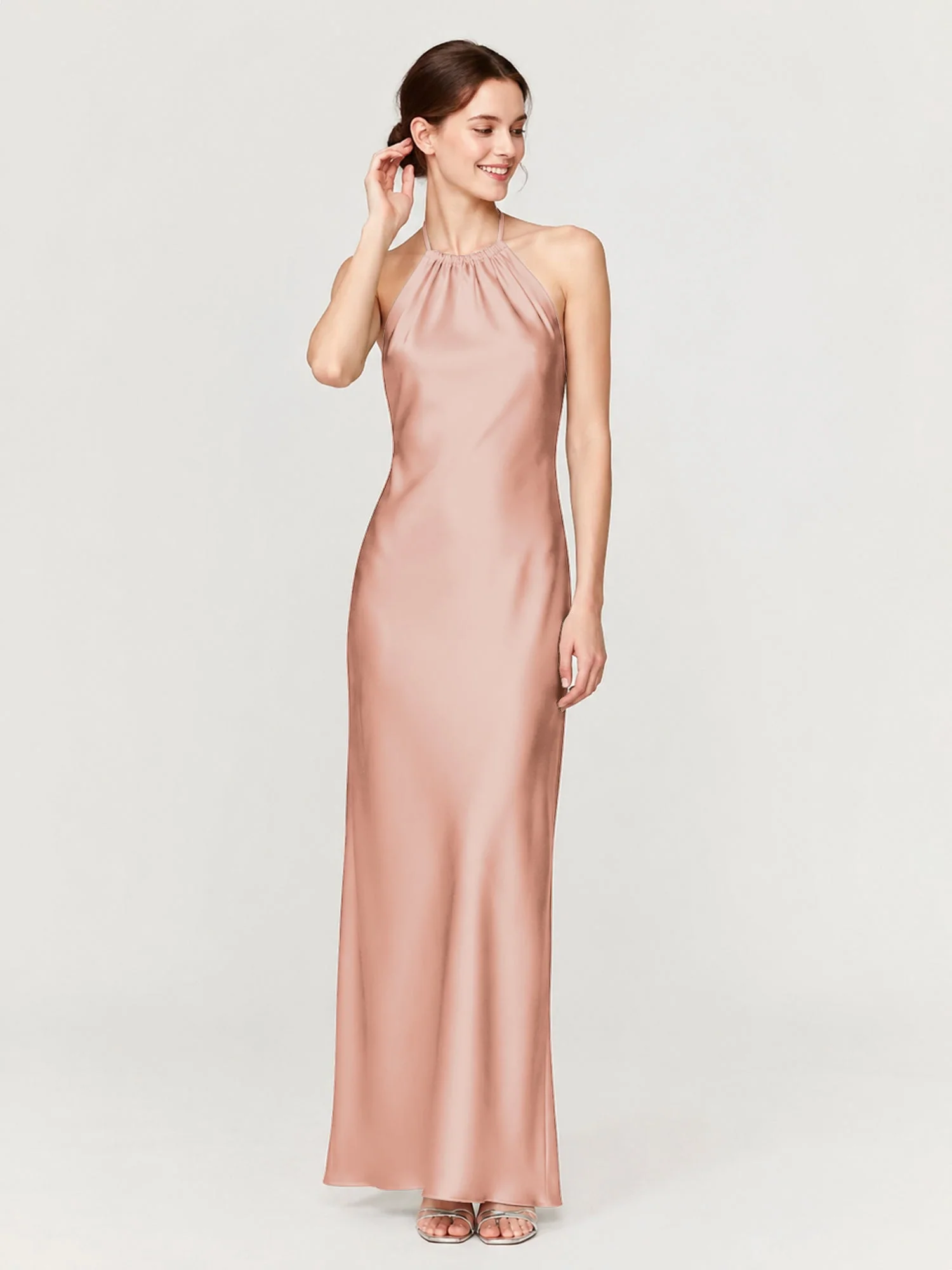 Satin Abendkleid Mit Gerafftem Neckholder Und Schrägem Rock Zartrosa