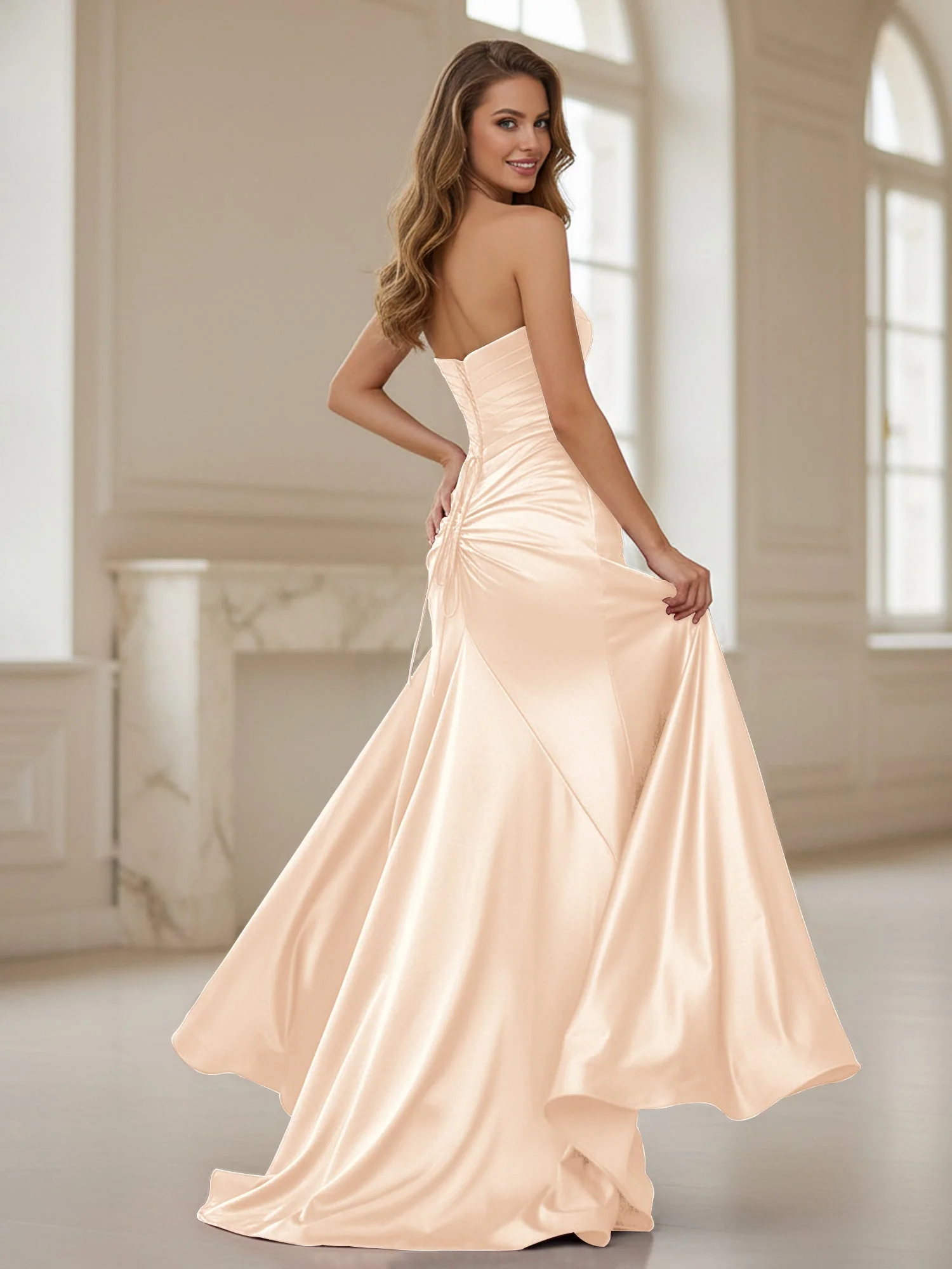 Plissee Herzform Ausschnitt Etui Kleid mit Schlitz Champagner - Image 2