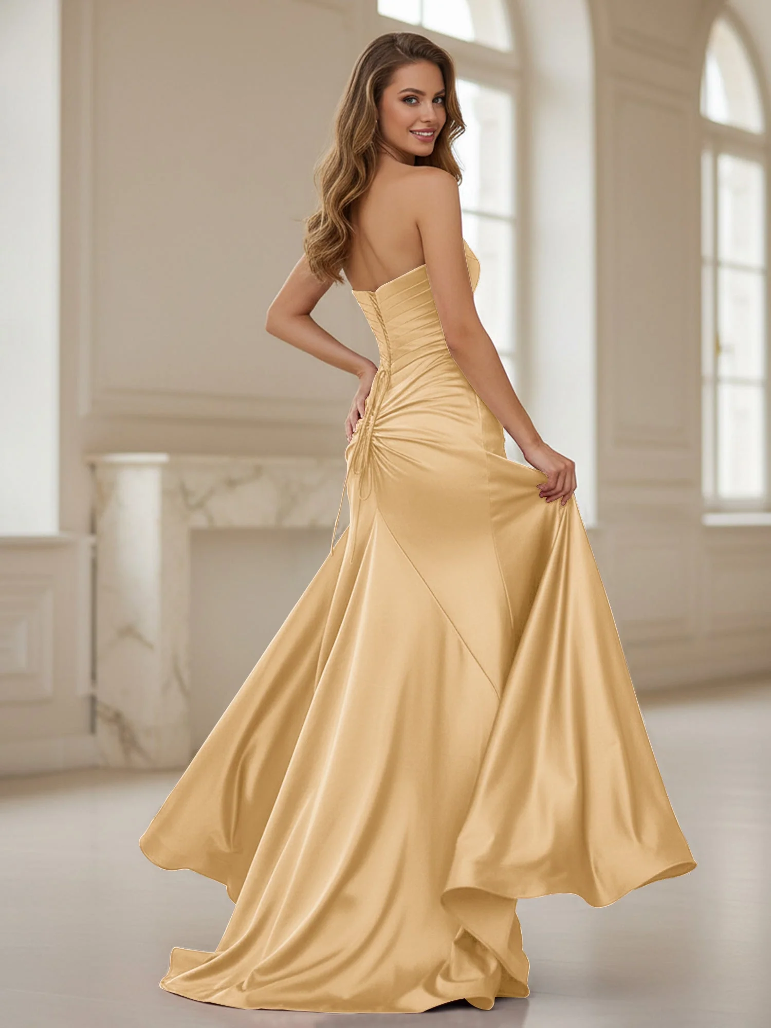 Plissee Herzform Ausschnitt Etui Kleid mit Schlitz Gold - Image 2