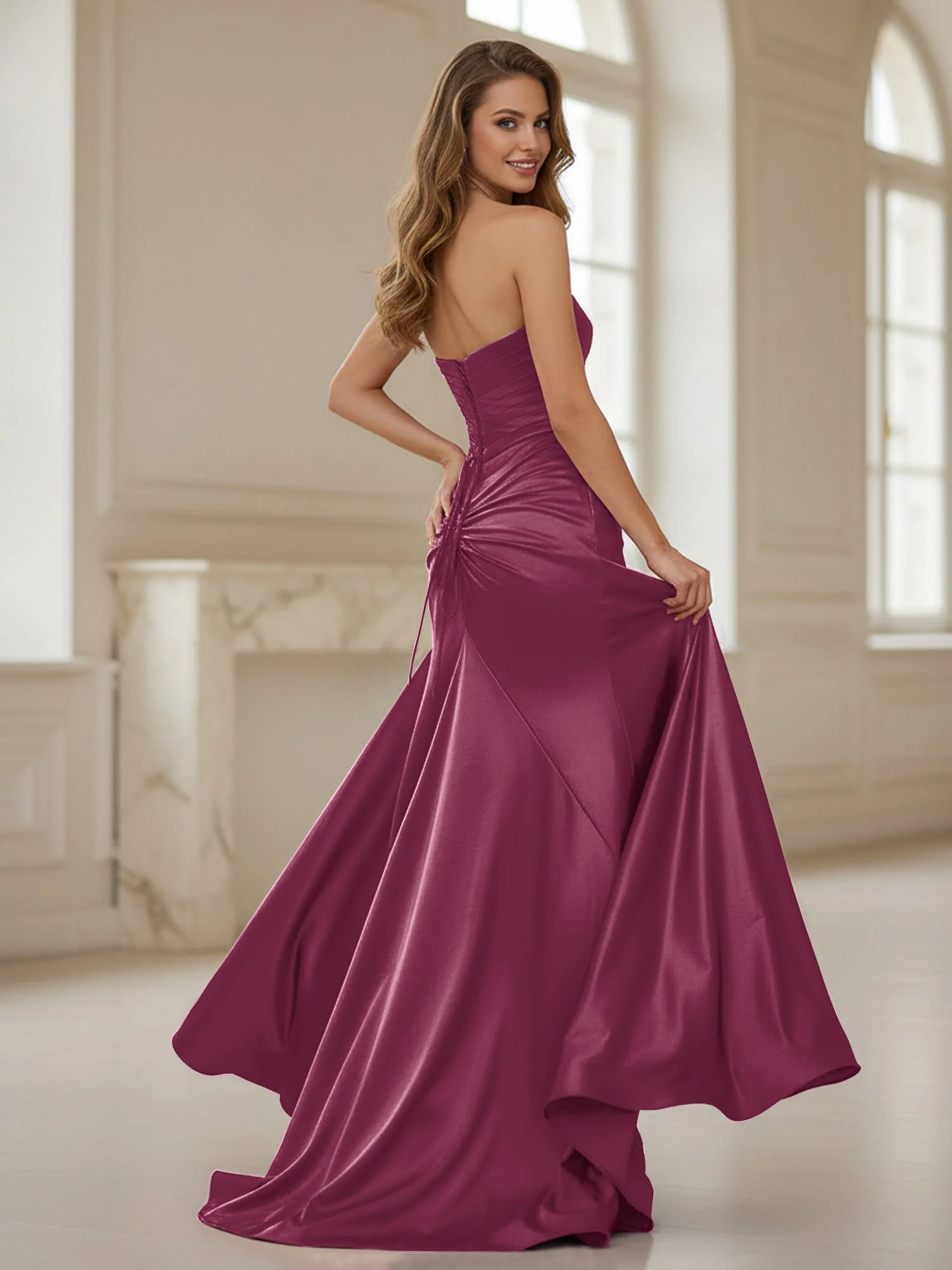 Plissee Herzform Ausschnitt Etui Kleid mit Schlitz Maulbeere - Image 2