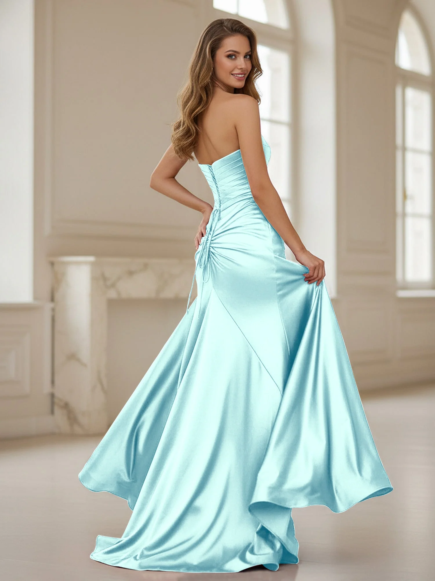 Plissee Herzform Ausschnitt Etui Kleid mit Schlitz Nebel - Image 2