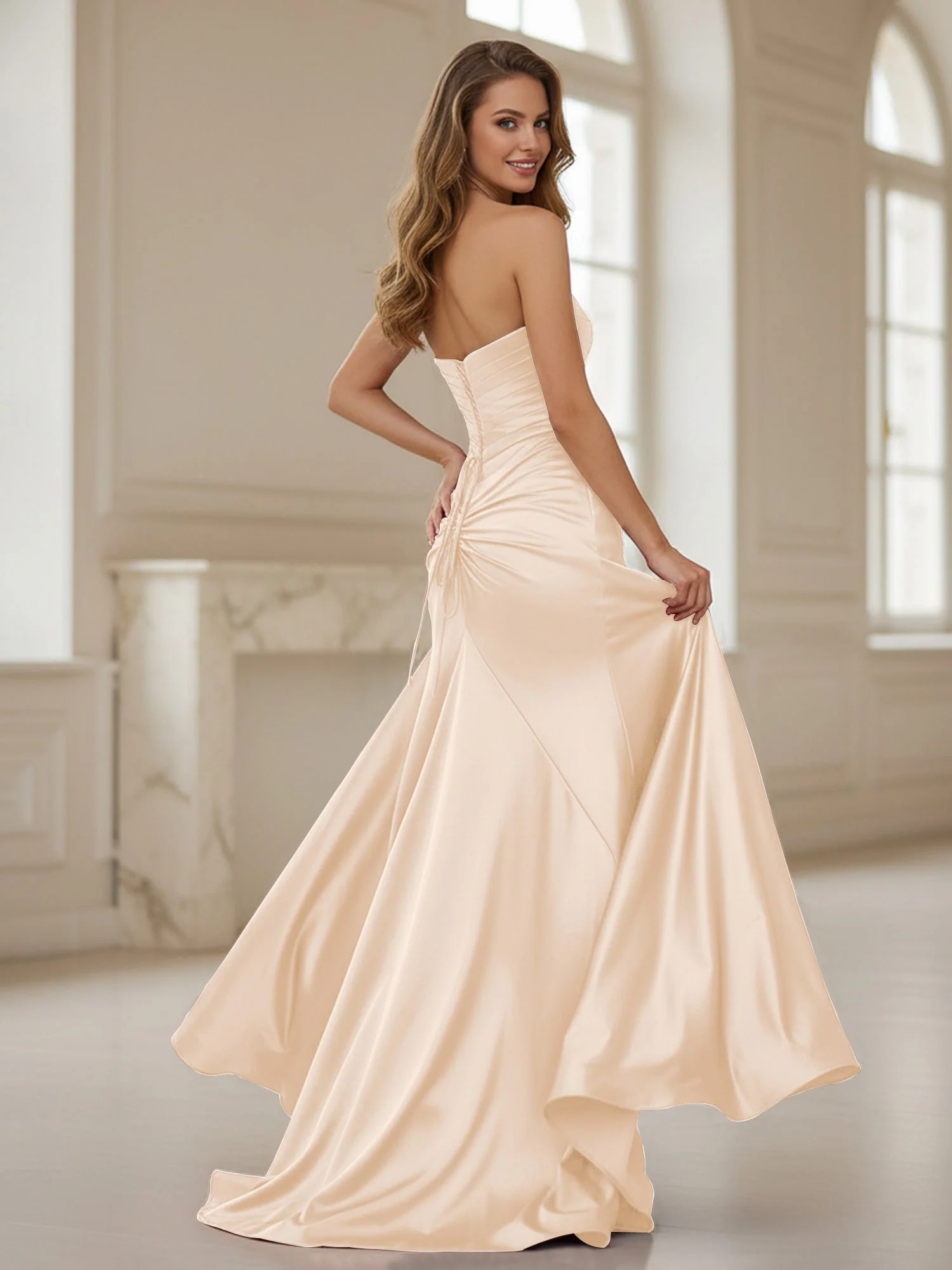 Plissee Herzform Ausschnitt Etui Kleid mit Schlitz Pfirsich - Image 2