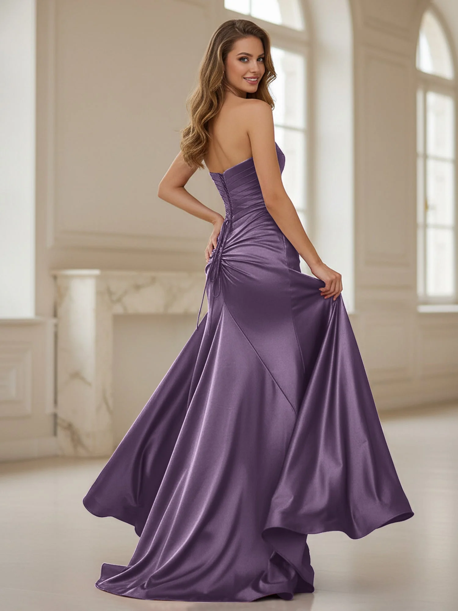 Plissee Herzform Ausschnitt Etui Kleid mit Schlitz Plum - Image 2
