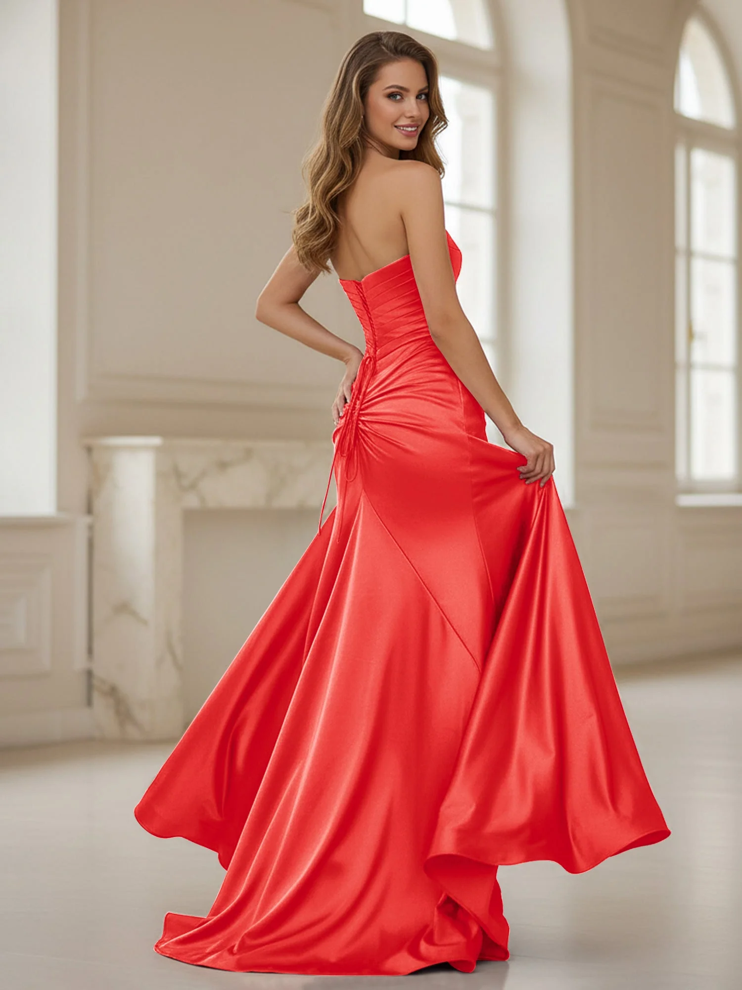 Plissee Herzform Ausschnitt Etui Kleid mit Schlitz Rot - Image 2
