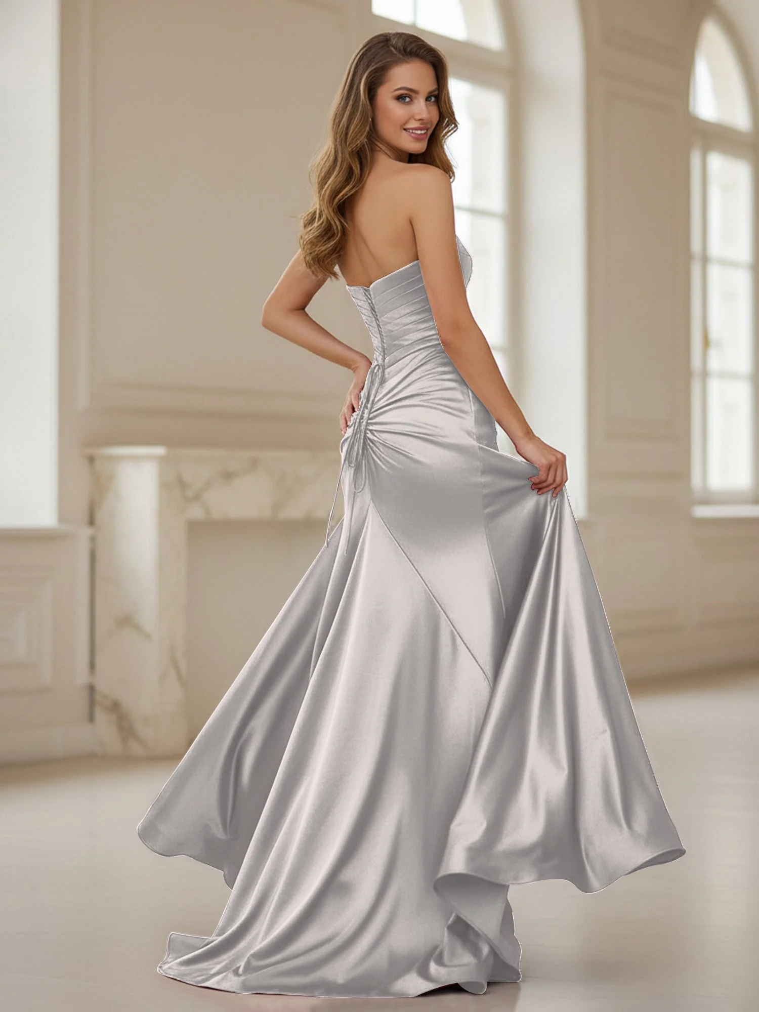 Plissee Herzform Ausschnitt Etui Kleid mit Schlitz Silber - Image 2