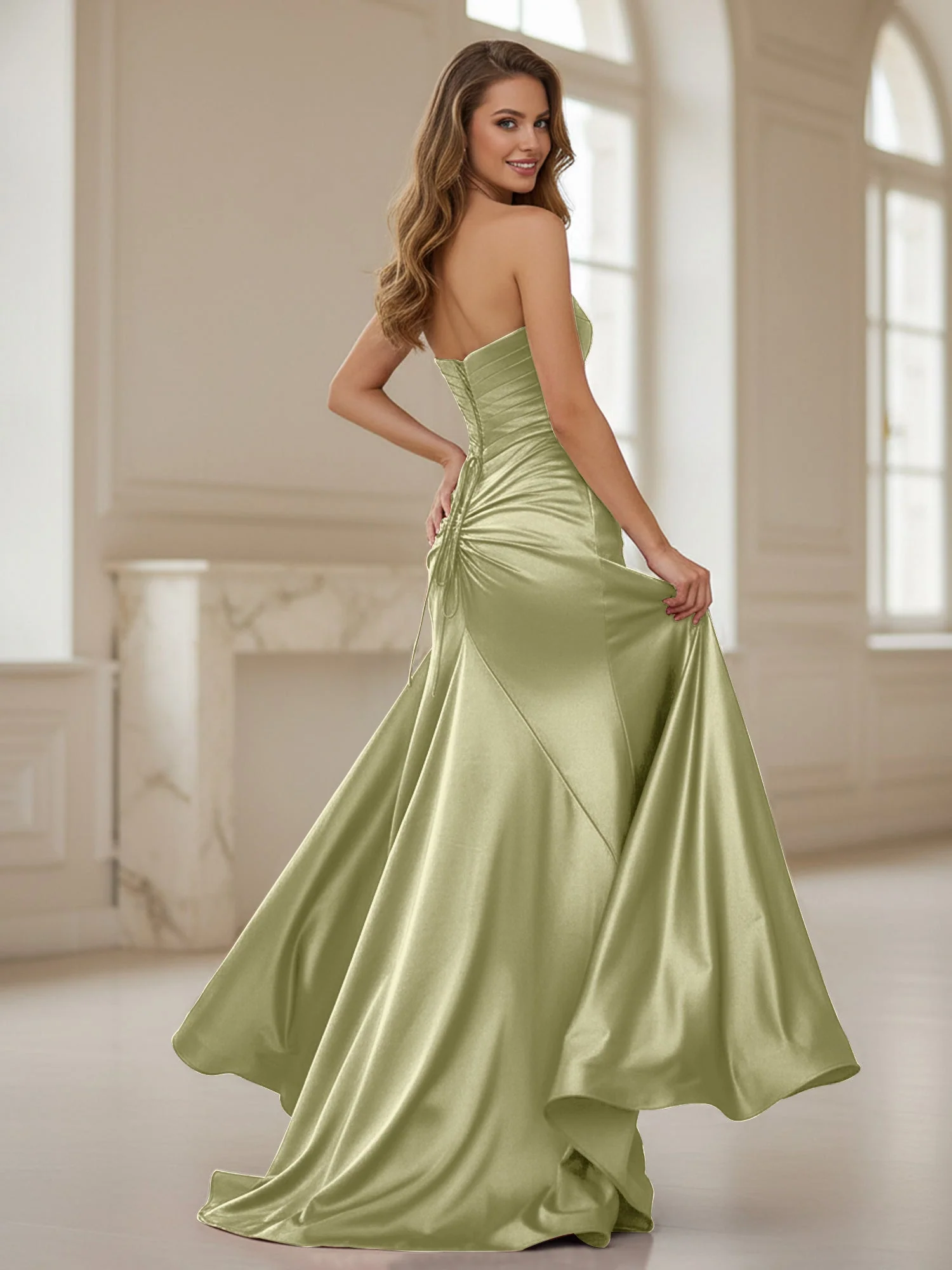 Plissee Herzform Ausschnitt Etui Kleid mit Schlitz Staubiges Salbei - Image 2