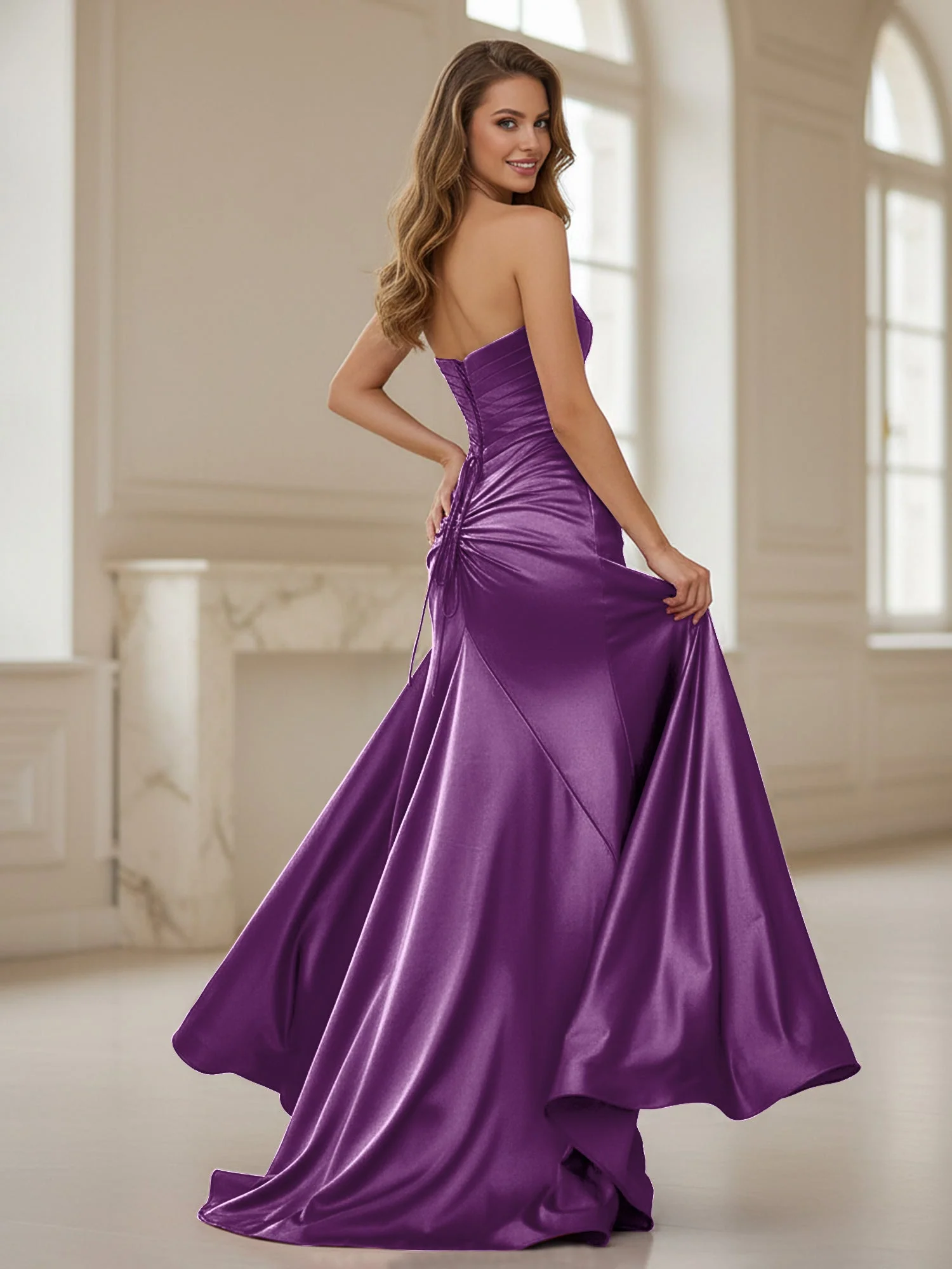 Plissee Herzform Ausschnitt Etui Kleid mit Schlitz Traube - Image 2