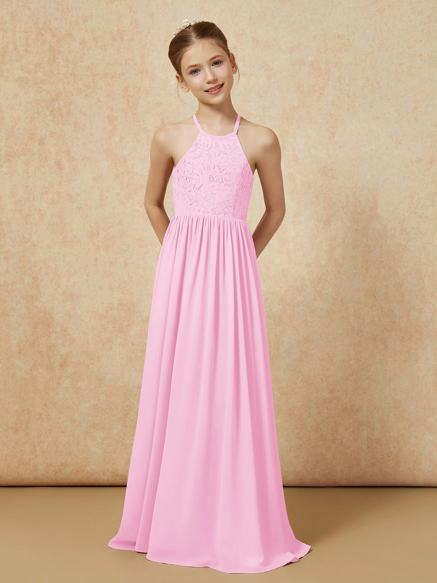 Plissee Spitzen Chiffon Lang Junge Brautjungfernkleider Bonbonrosa - Image 4