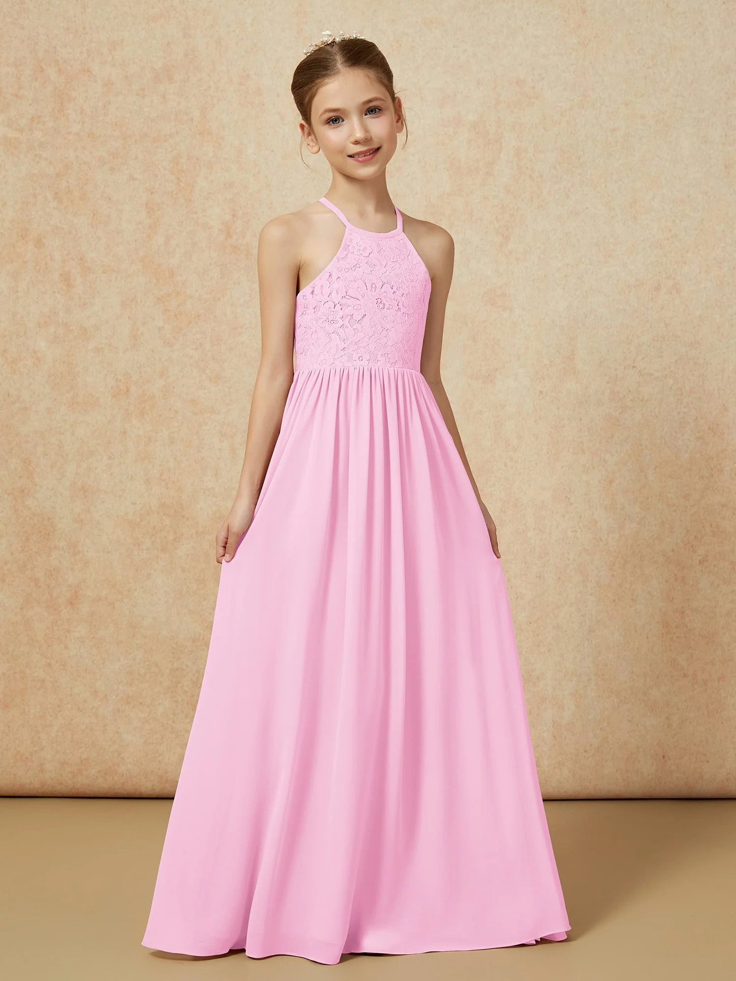 Plissee Spitzen Chiffon Lang Junge Brautjungfernkleider Bonbonrosa - Image 5
