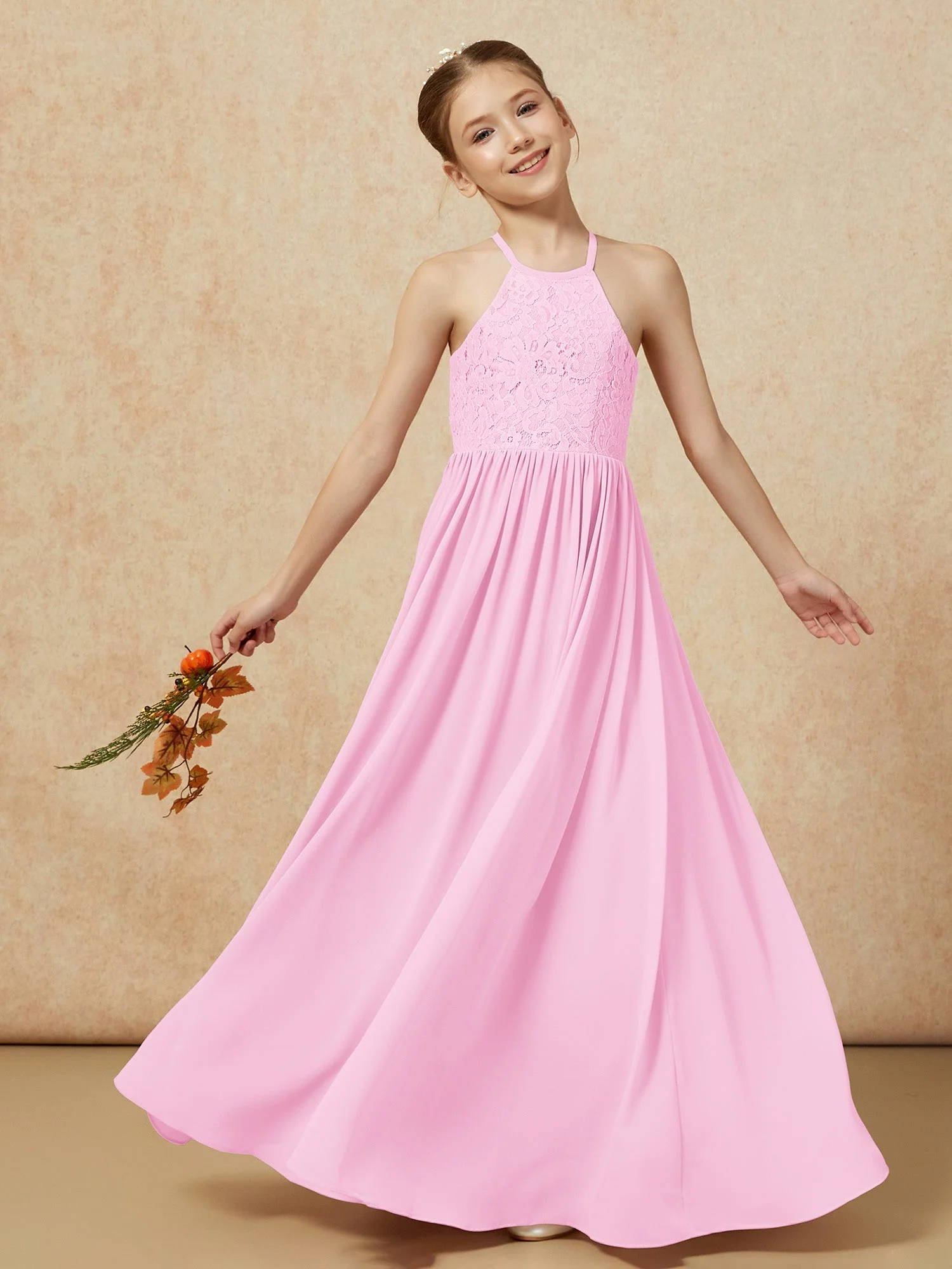 Plissee Spitzen Chiffon Lang Junge Brautjungfernkleider Bonbonrosa - Image 7