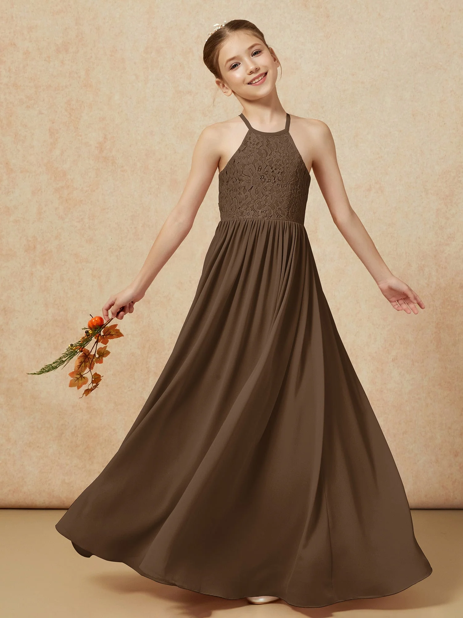 Plissee Spitzen Chiffon Lang Junge Brautjungfernkleider Braun - Image 7