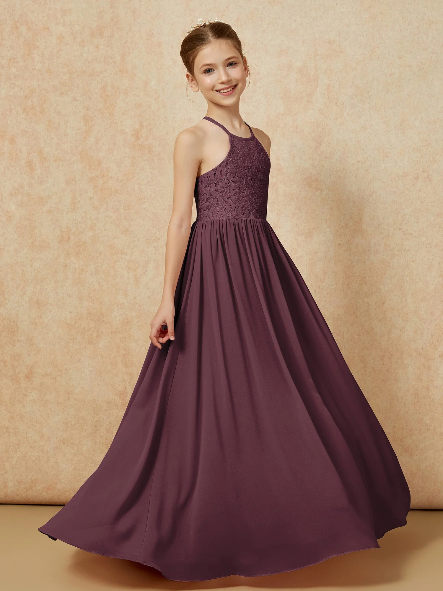 Plissee Spitzen Chiffon Lang Junge Brautjungfernkleider Cabernet - Image 3