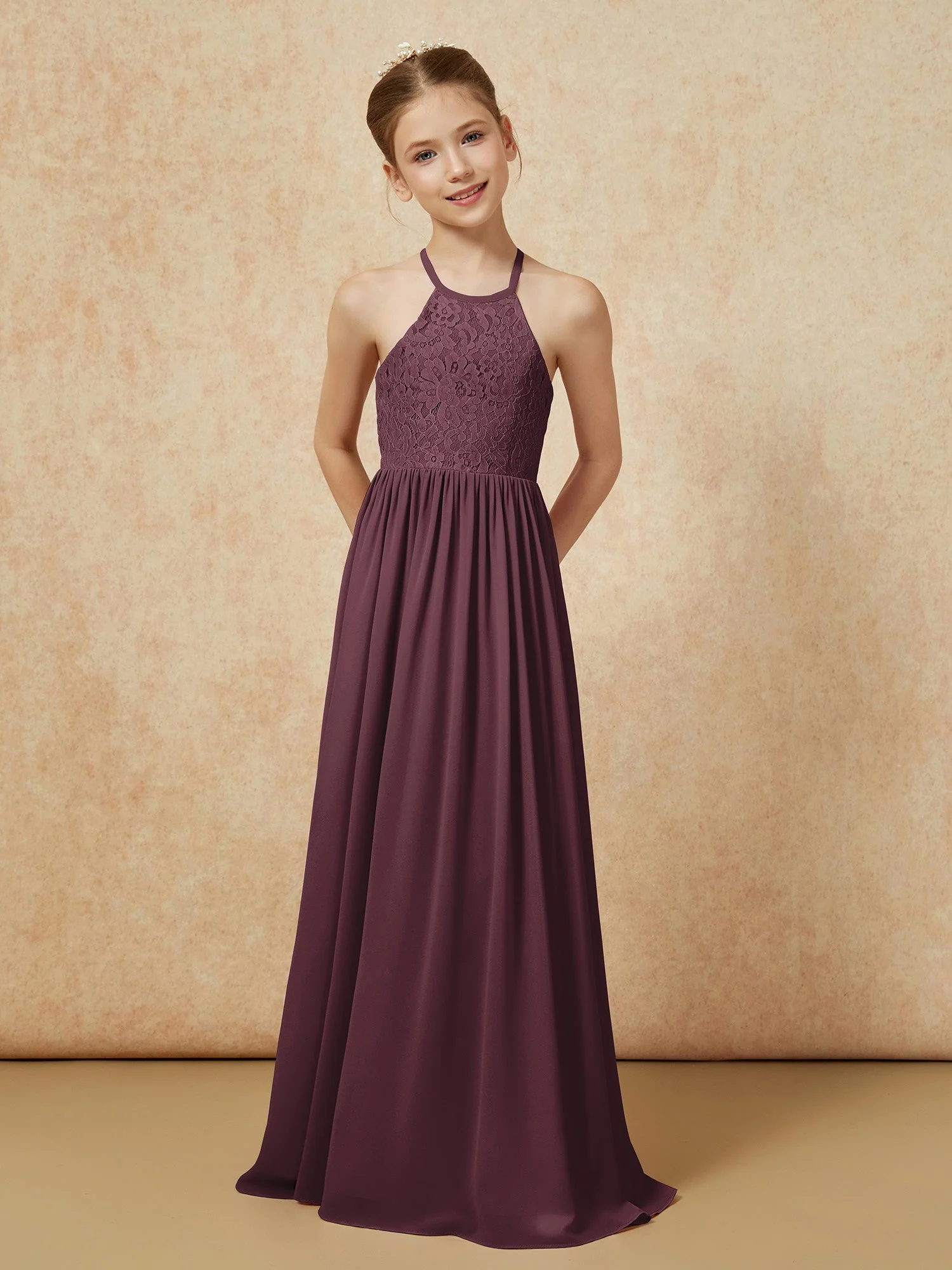 Plissee Spitzen Chiffon Lang Junge Brautjungfernkleider Cabernet - Image 4