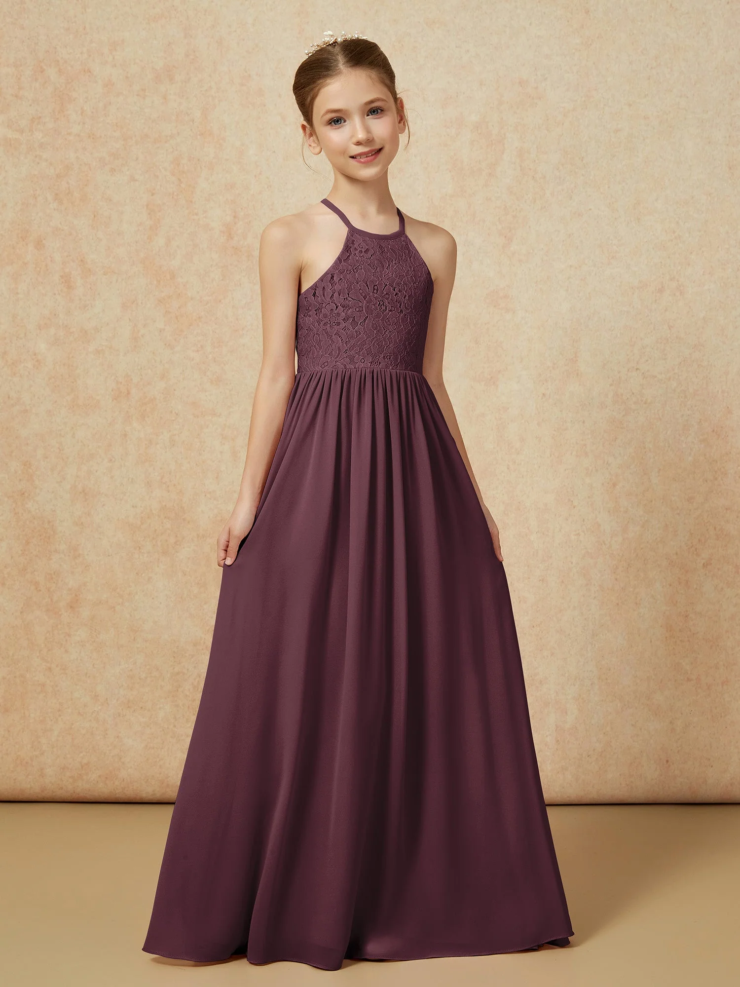 Plissee Spitzen Chiffon Lang Junge Brautjungfernkleider Cabernet - Image 5