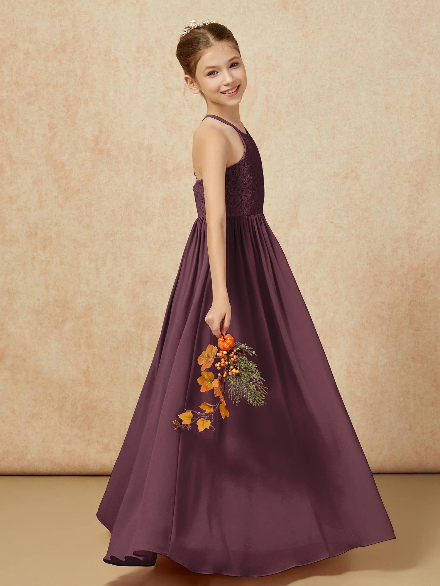 Plissee Spitzen Chiffon Lang Junge Brautjungfernkleider Cabernet - Image 6