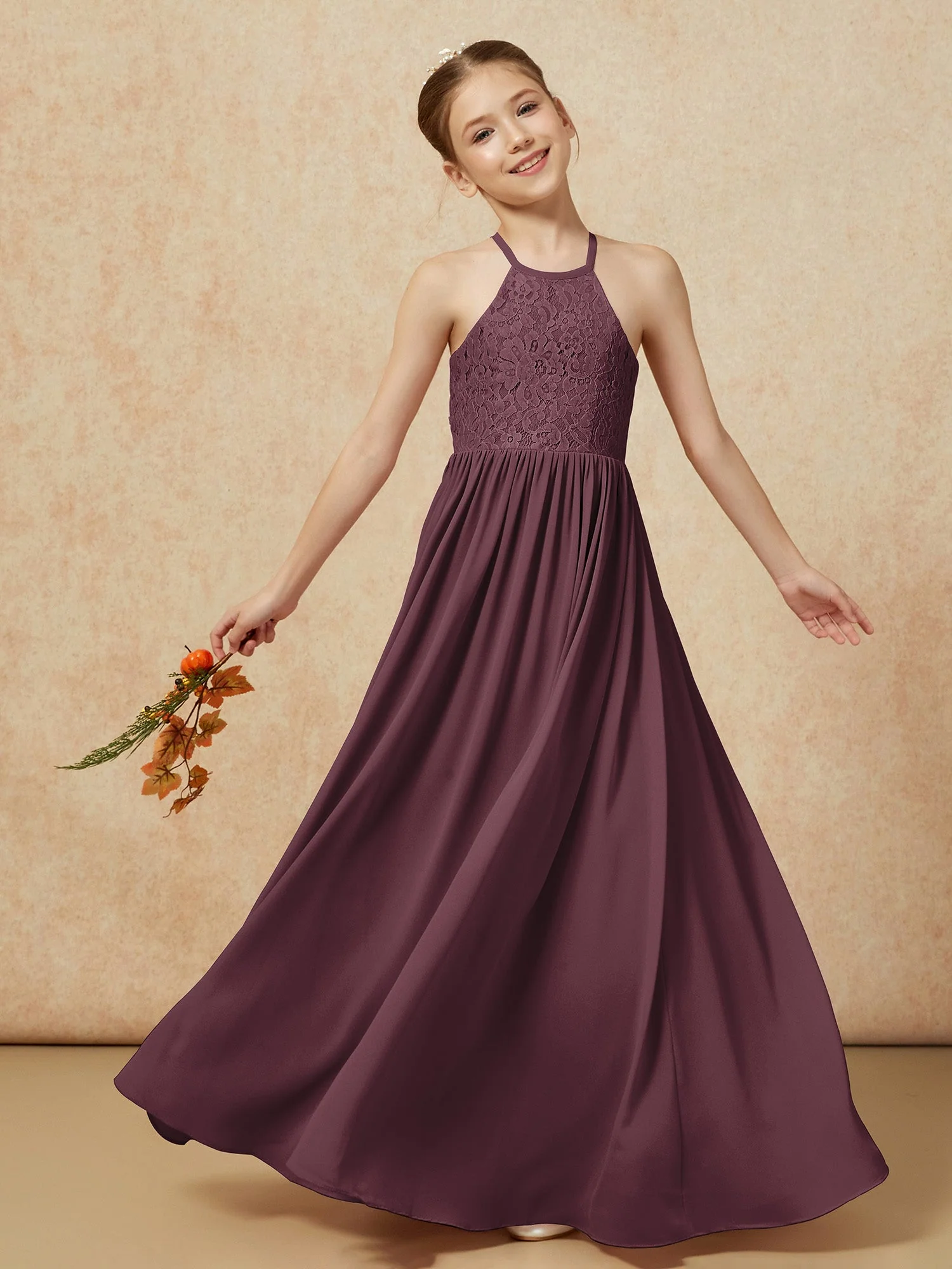Plissee Spitzen Chiffon Lang Junge Brautjungfernkleider Cabernet - Image 7