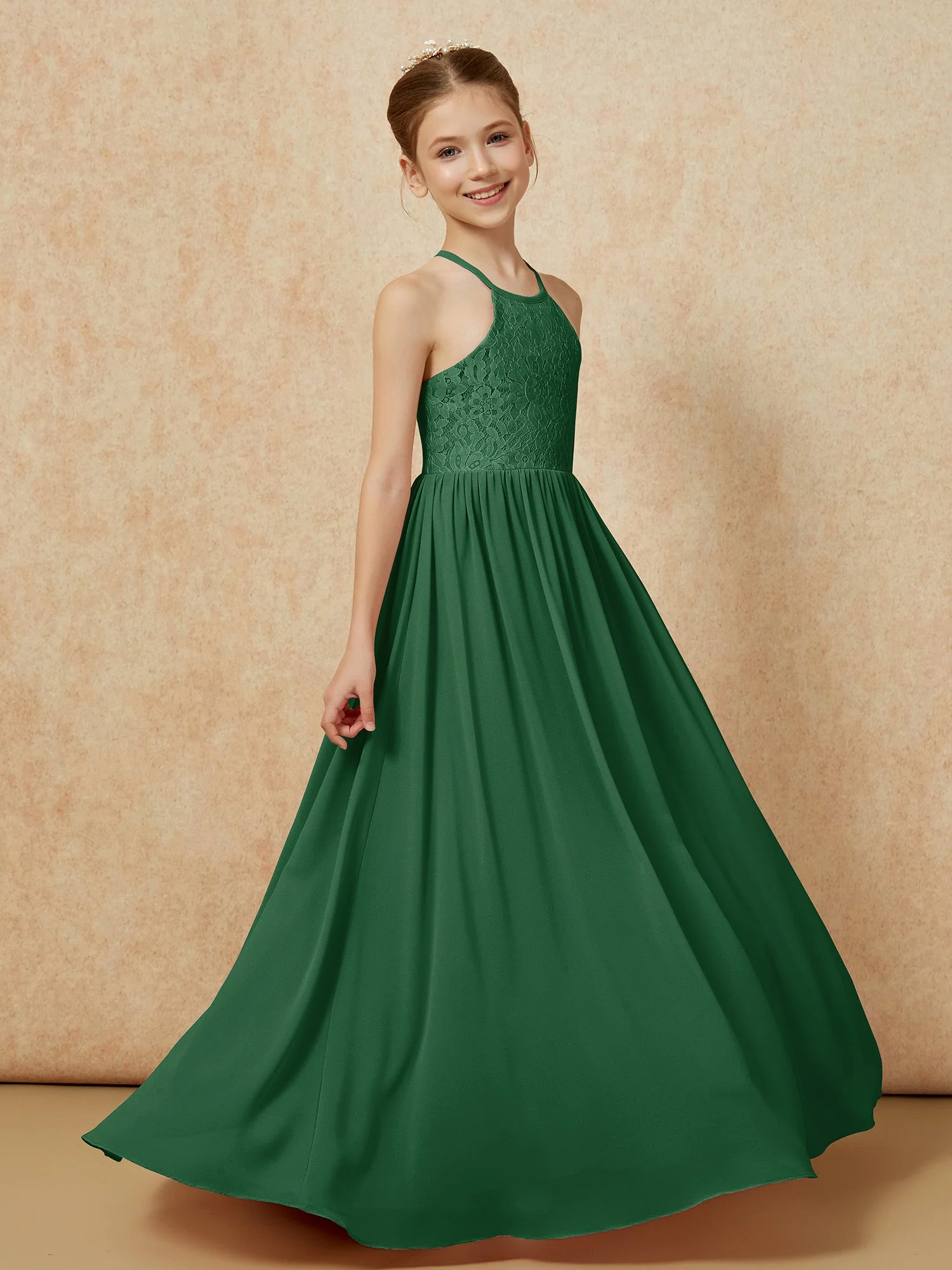 Plissee Spitzen Chiffon Lang Junge Brautjungfernkleider Dunkelgrün - Image 3