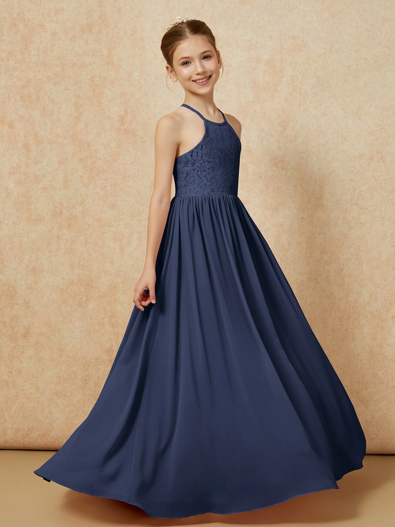 Plissee Spitzen Chiffon Lang Junge Brautjungfernkleider Dunkelmarine - Image 3