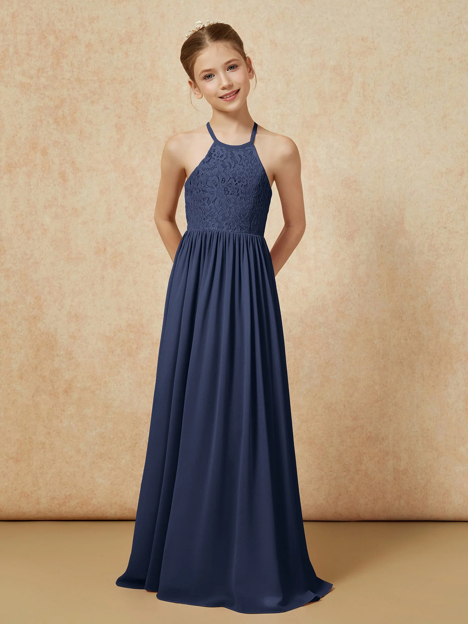 Plissee Spitzen Chiffon Lang Junge Brautjungfernkleider Dunkelmarine - Image 4
