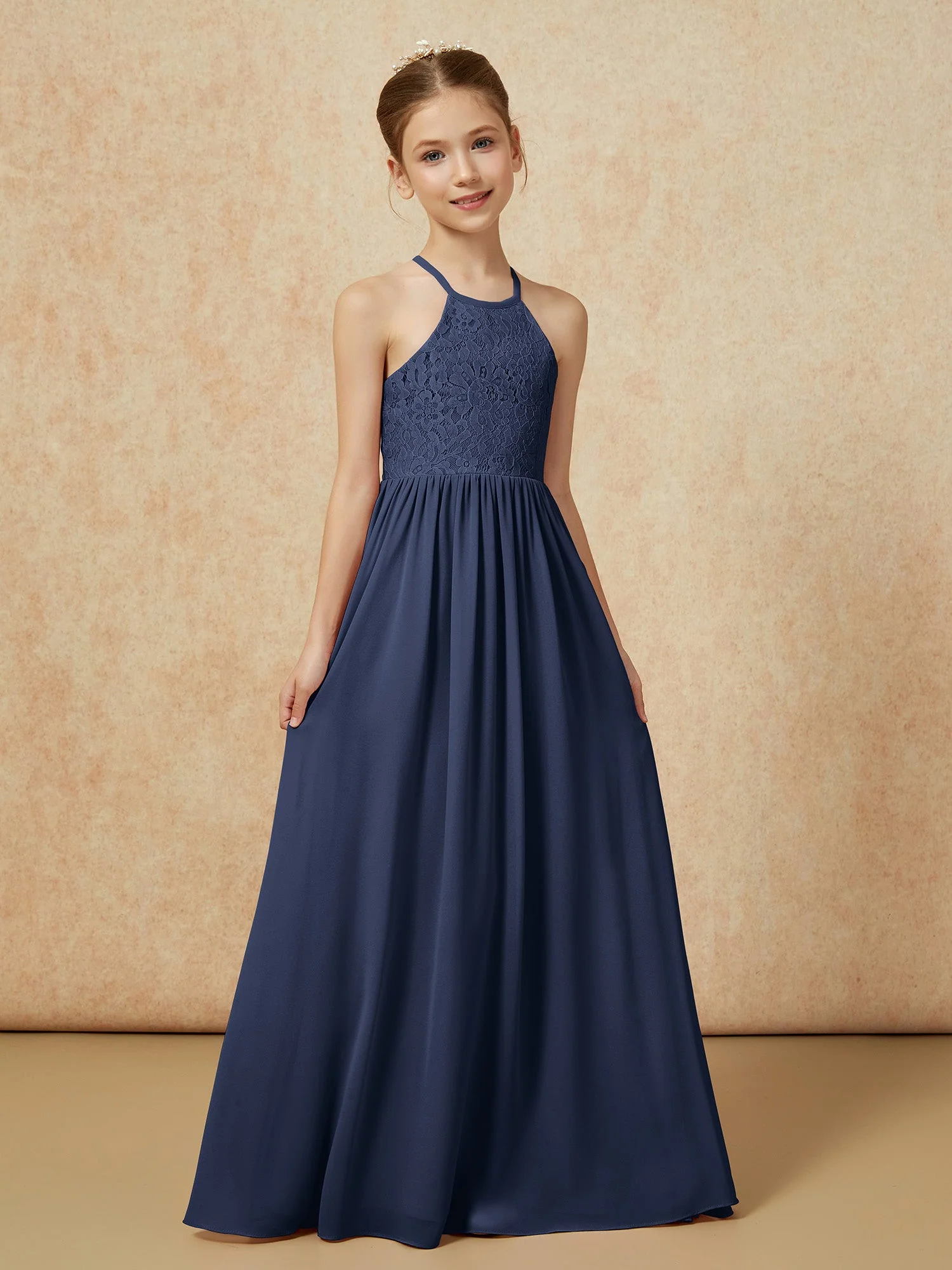 Plissee Spitzen Chiffon Lang Junge Brautjungfernkleider Dunkelmarine - Image 5