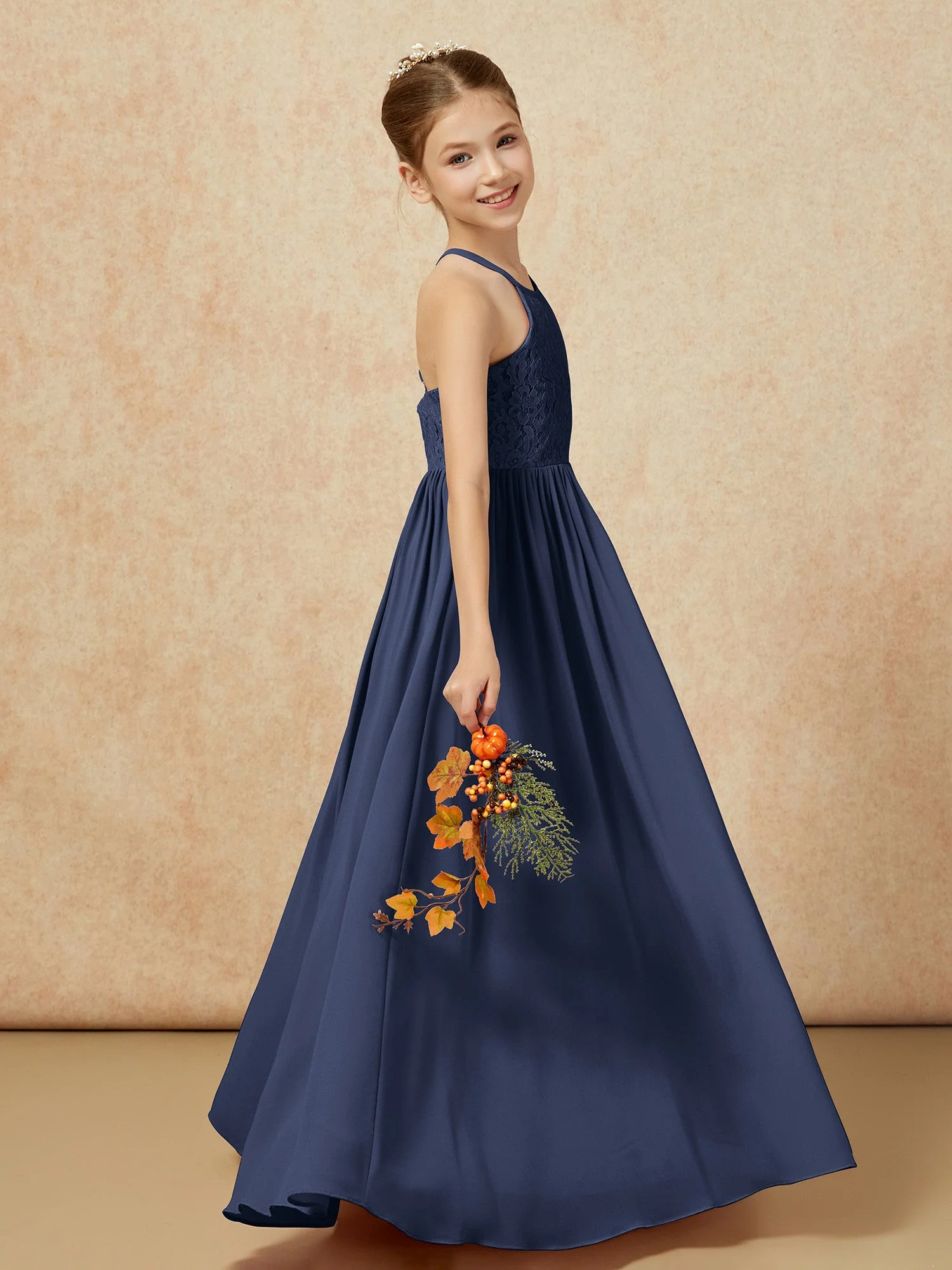 Plissee Spitzen Chiffon Lang Junge Brautjungfernkleider Dunkelmarine - Image 6