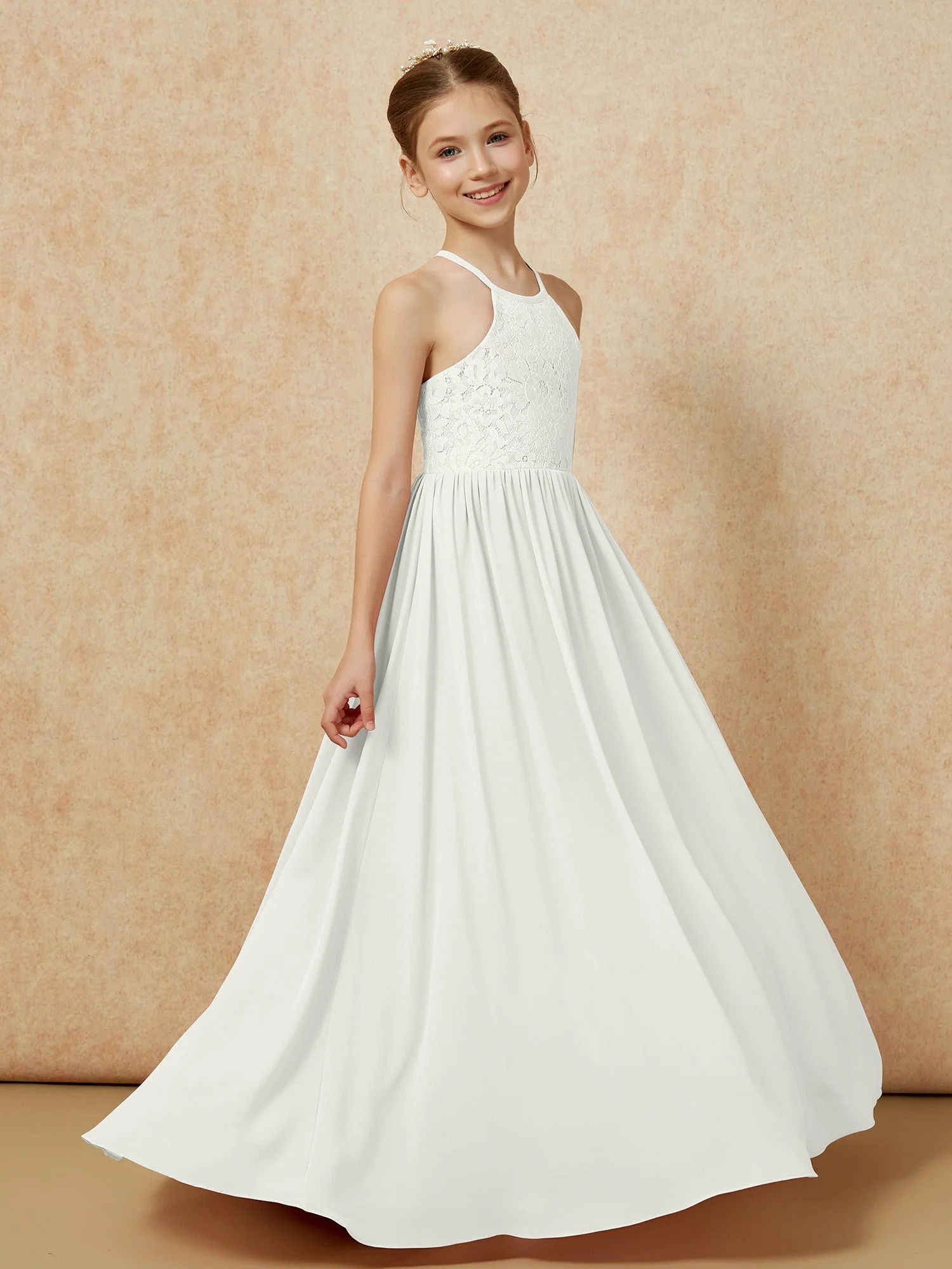 Plissee Spitzen Chiffon Lang Junge Brautjungfernkleider Elfenbein - Image 3