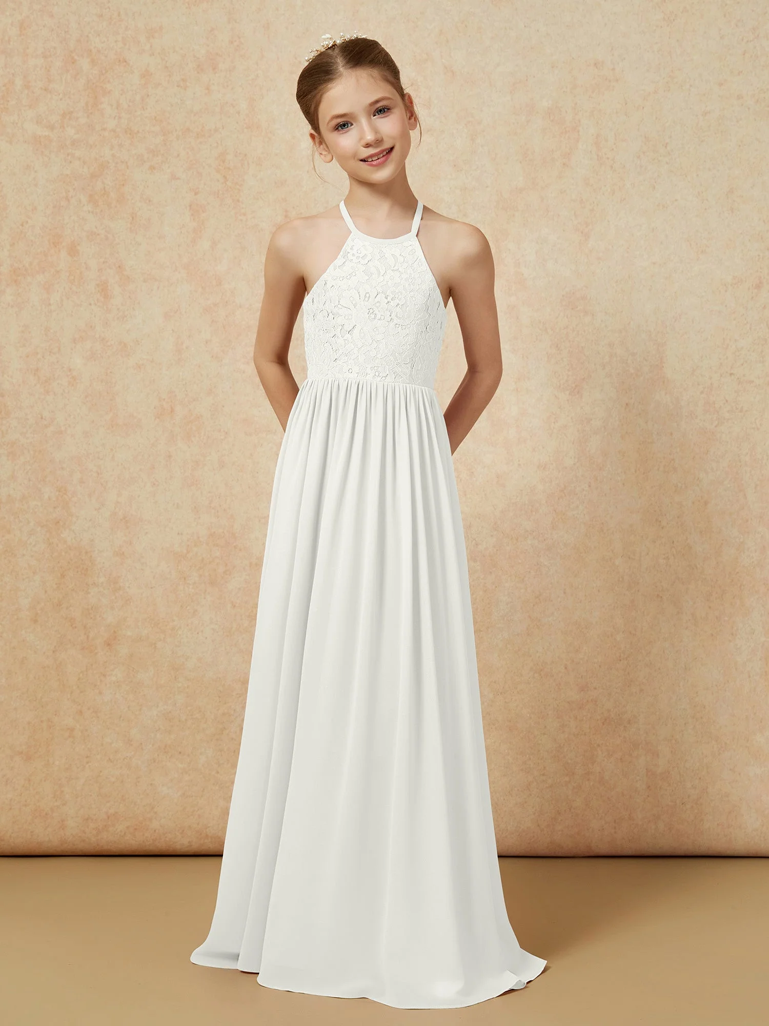 Plissee Spitzen Chiffon Lang Junge Brautjungfernkleider Elfenbein - Image 4