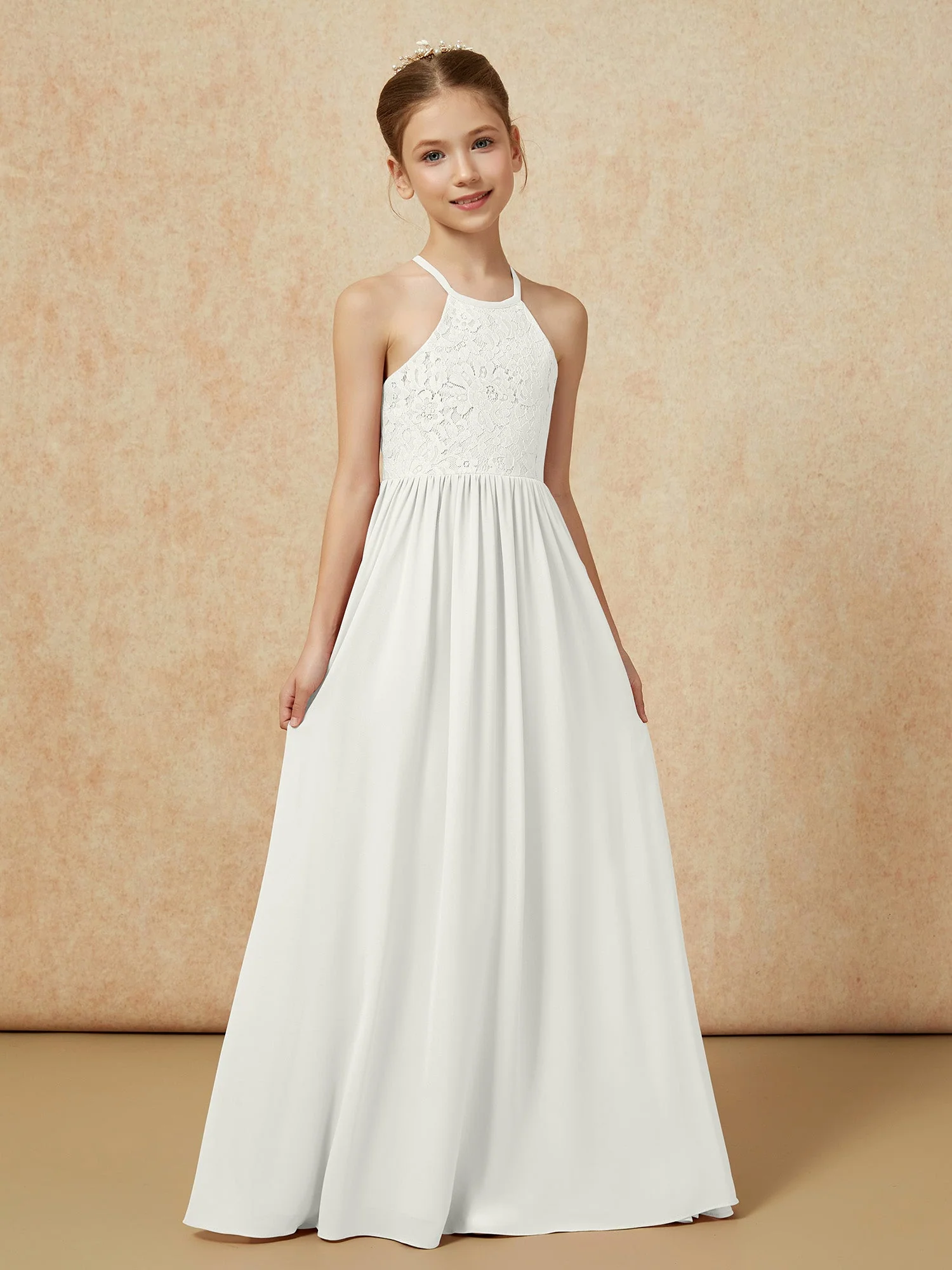 Plissee Spitzen Chiffon Lang Junge Brautjungfernkleider Elfenbein - Image 5