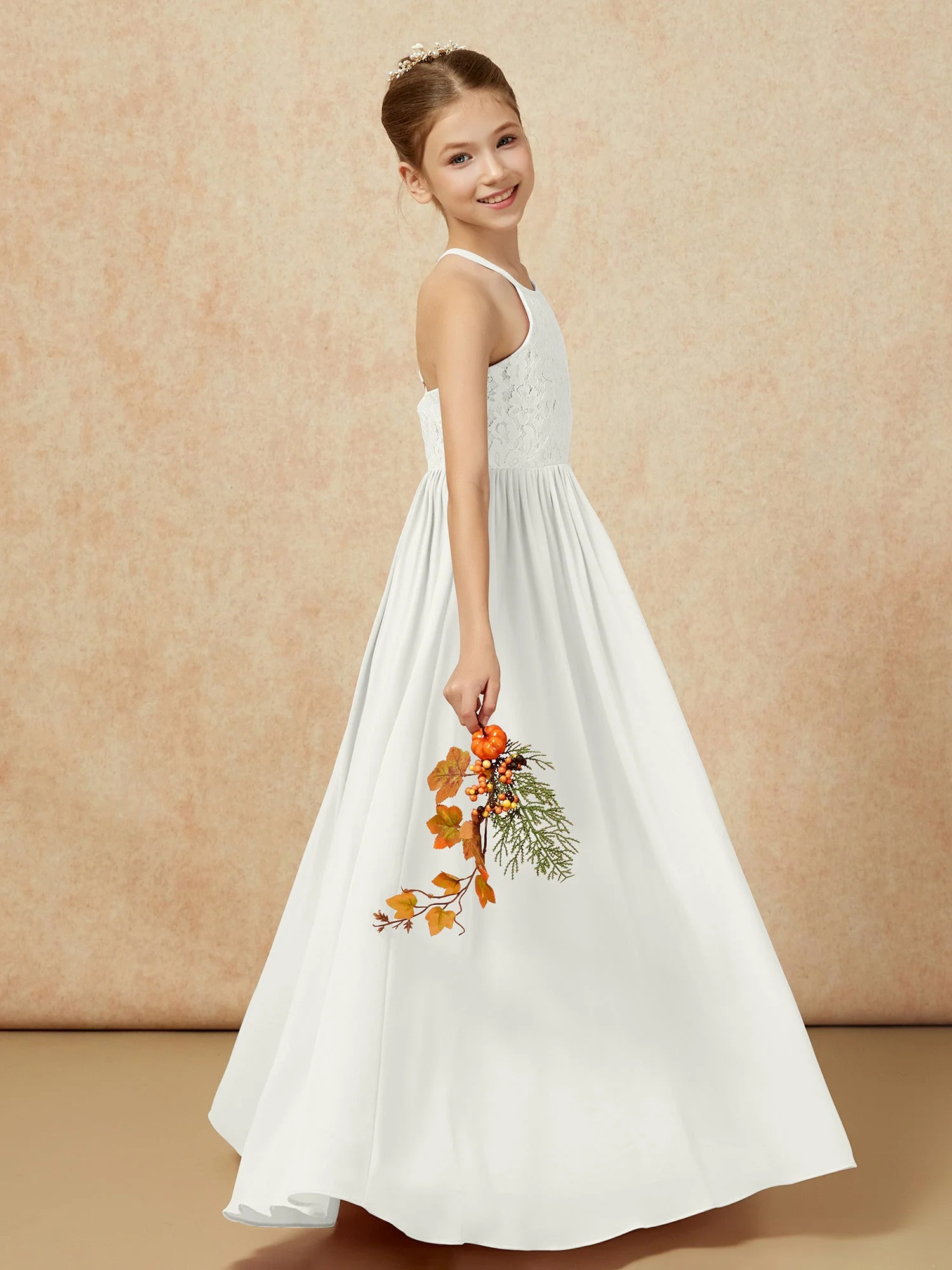 Plissee Spitzen Chiffon Lang Junge Brautjungfernkleider Elfenbein - Image 6