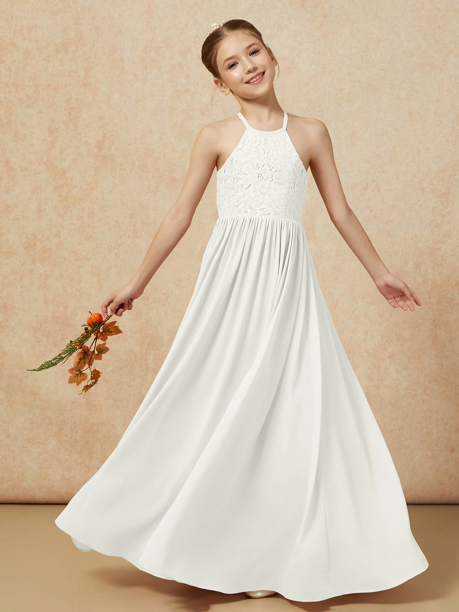 Plissee Spitzen Chiffon Lang Junge Brautjungfernkleider Elfenbein - Image 7