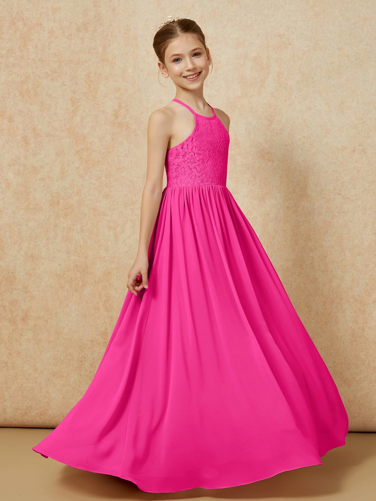 Plissee Spitzen Chiffon Lang Junge Brautjungfernkleider Fuchsia - Image 3