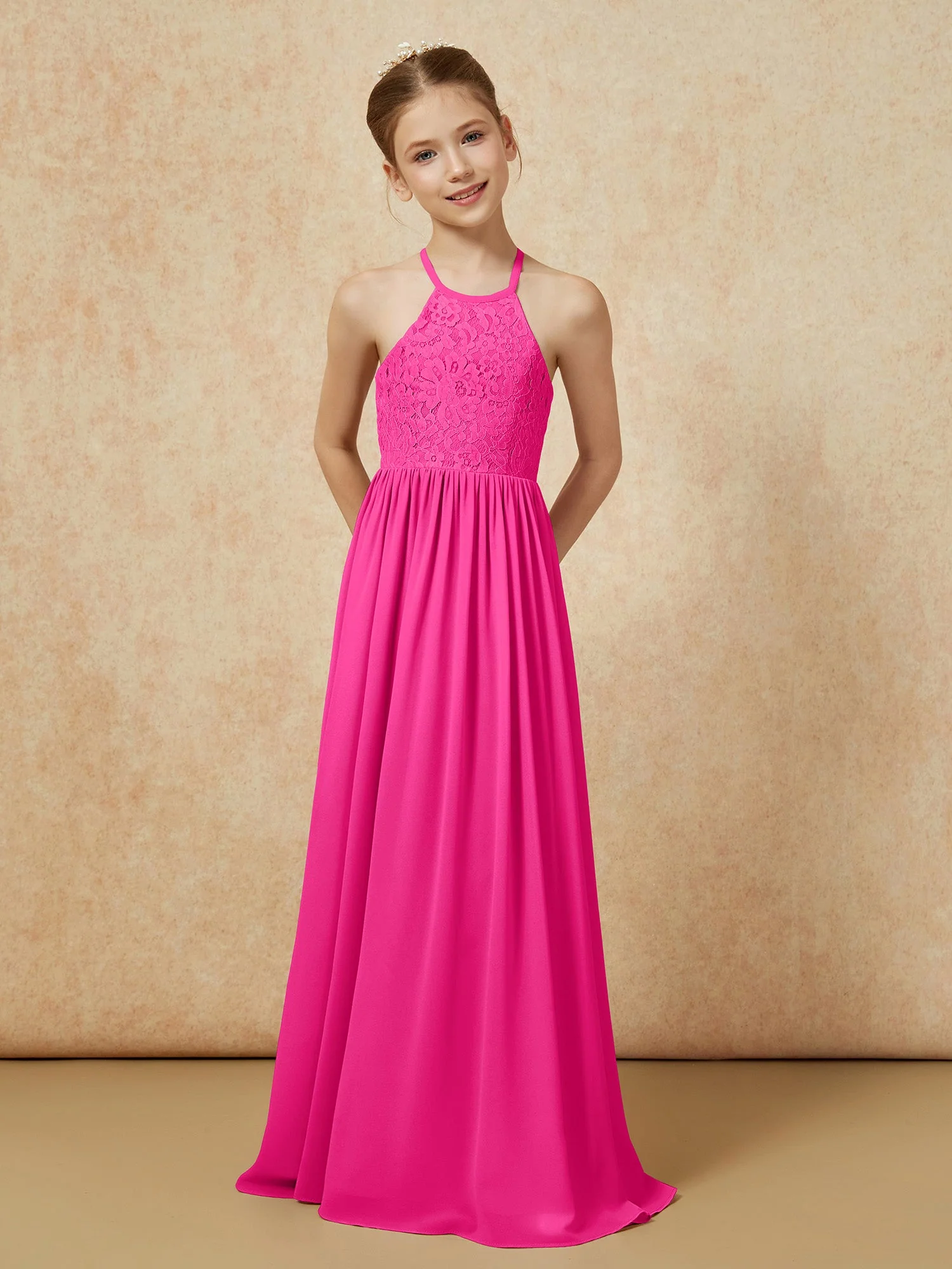 Plissee Spitzen Chiffon Lang Junge Brautjungfernkleider Fuchsia - Image 4