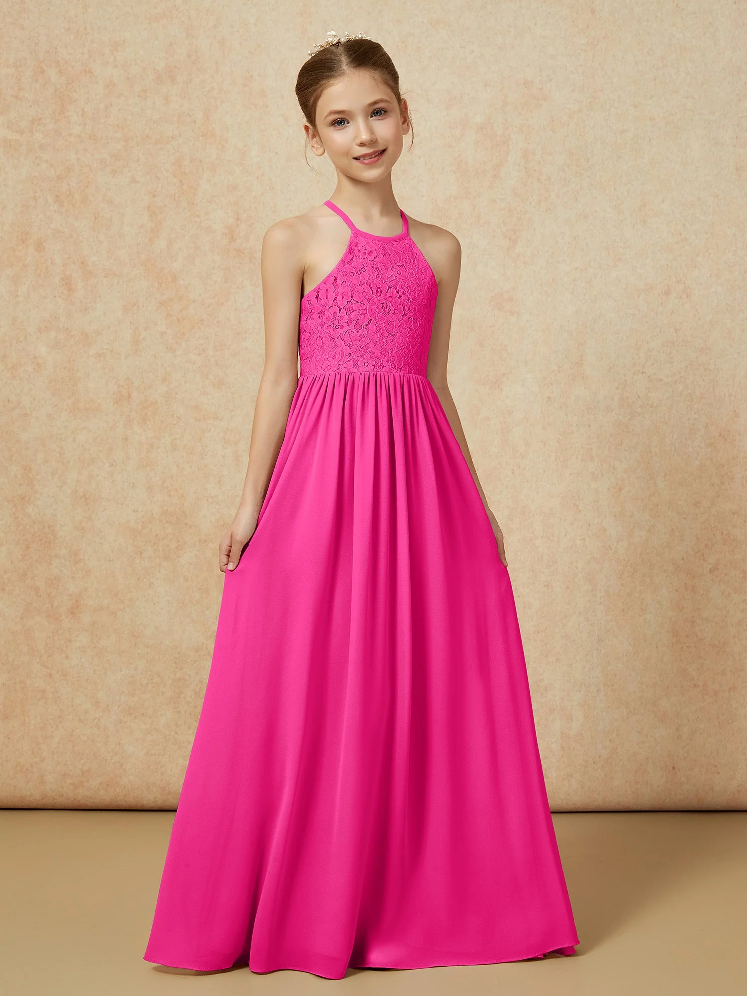 Plissee Spitzen Chiffon Lang Junge Brautjungfernkleider Fuchsia - Image 5