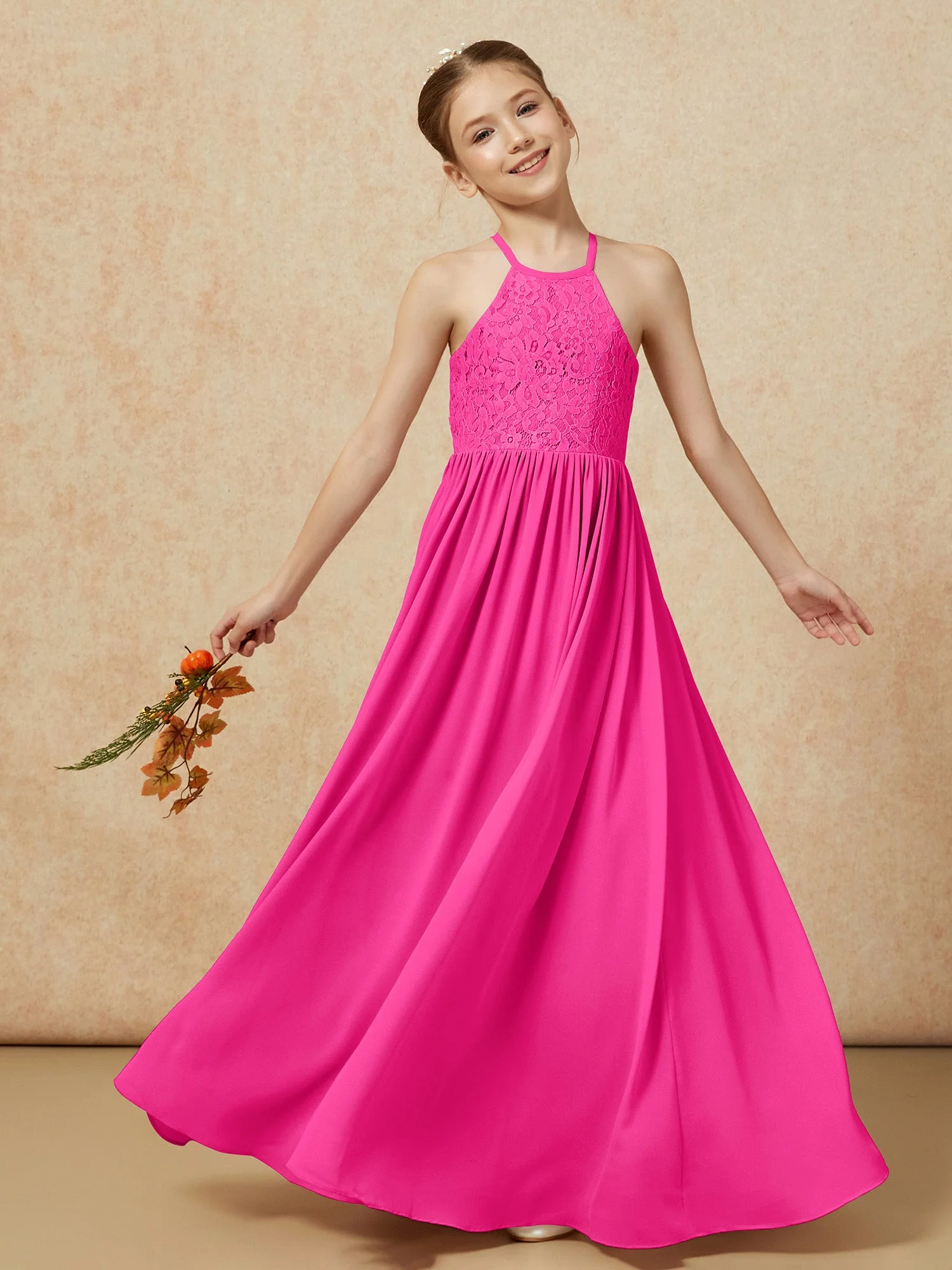 Plissee Spitzen Chiffon Lang Junge Brautjungfernkleider Fuchsia - Image 7