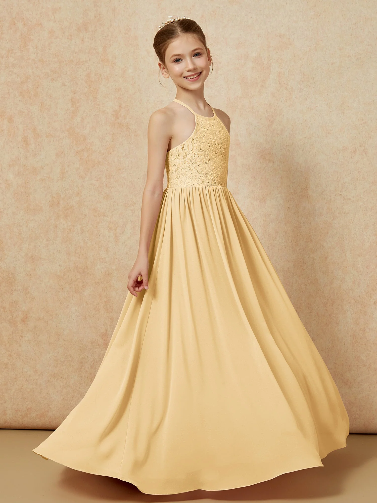 Plissee Spitzen Chiffon Lang Junge Brautjungfernkleider Gold - Image 3
