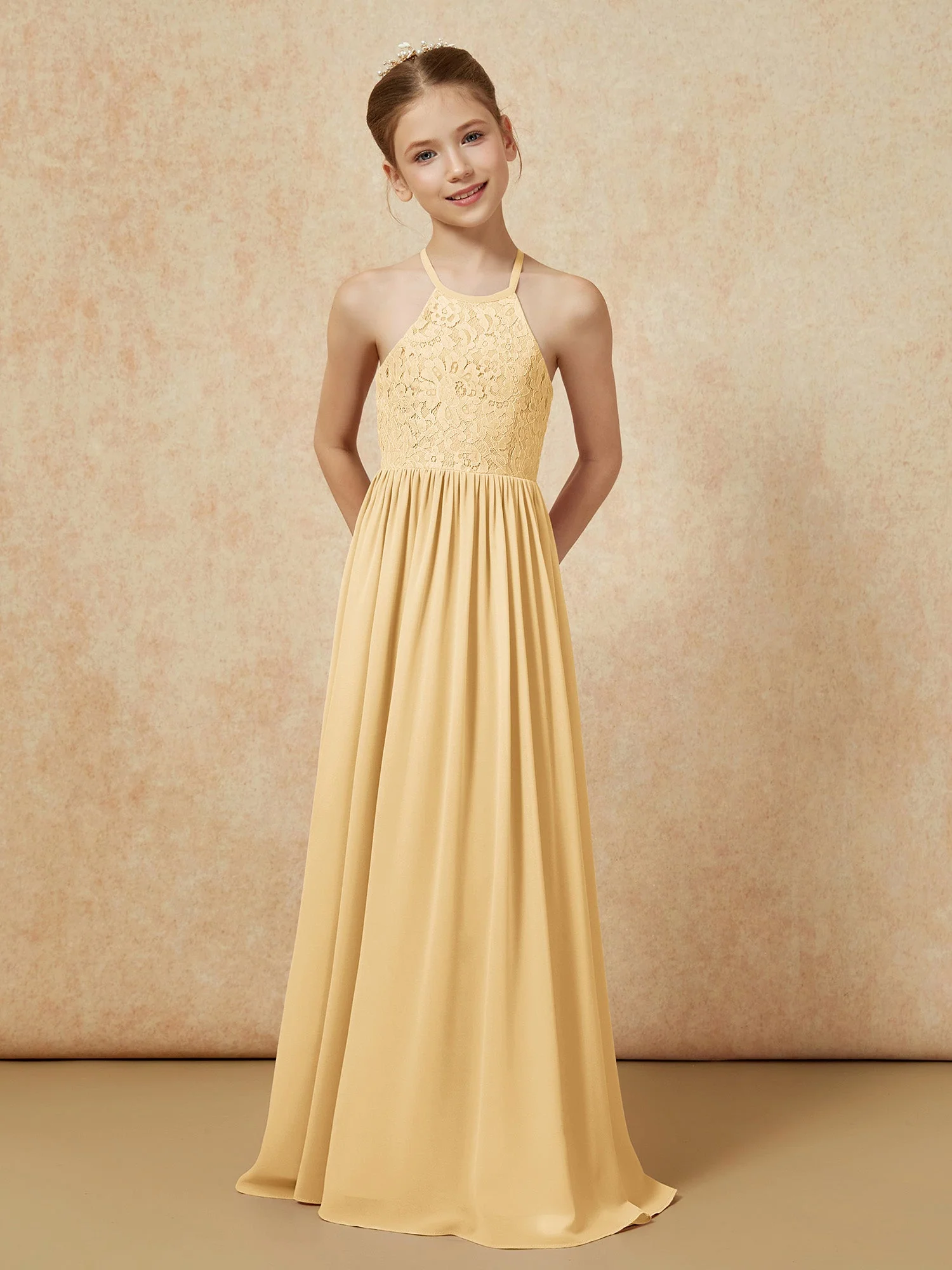 Plissee Spitzen Chiffon Lang Junge Brautjungfernkleider Gold - Image 4